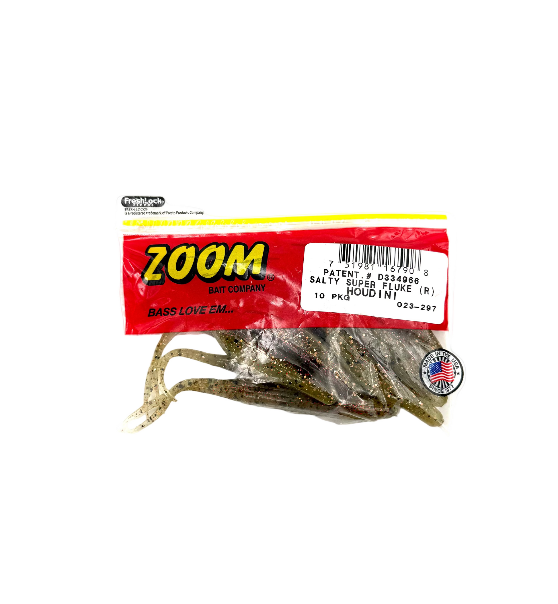 Package of Zoom fishing lures on a white background