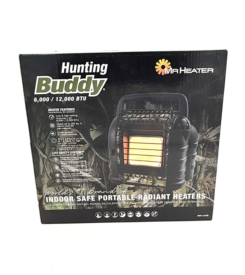 Outdoor propane heater from Mr Heater, Hunting Buddy 6000/12000 BTU, showing a compact, portable heater with control knobs.