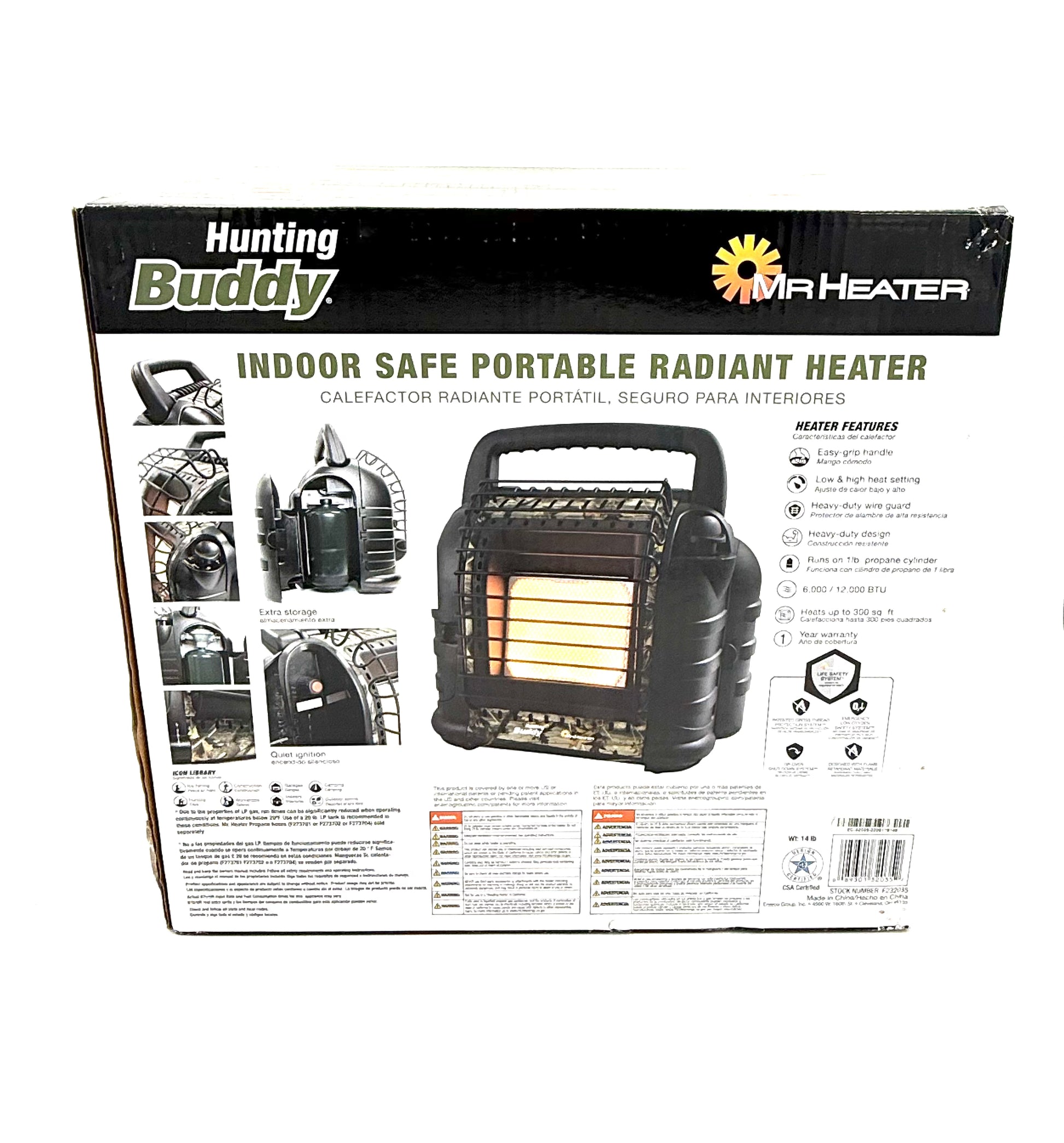 Outdoor Mr Heater Hunting Buddy propane heater with 6000/12000 BTU, compact design ideal for hunting and outdoor warmth.