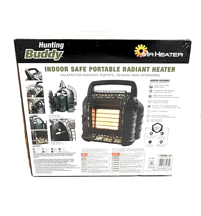 Outdoor Mr Heater Hunting Buddy propane heater with 6000/12000 BTU, compact design ideal for hunting and outdoor warmth.