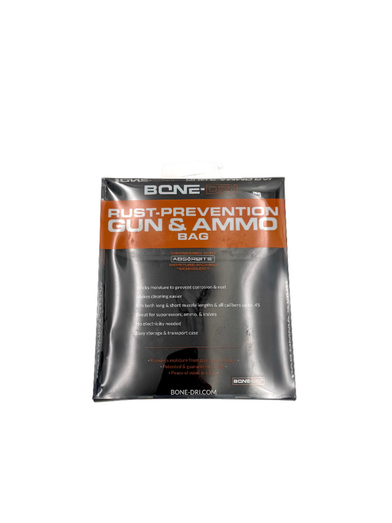 Bone-Dri rust prevention gun and ammo bag with secure zipper closure and durable fabric for firearm storage.