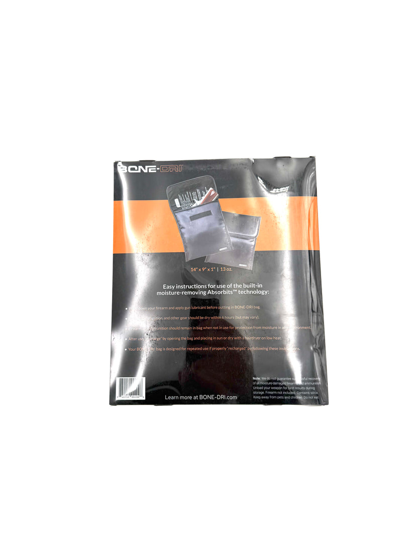Bone-Dri gun and ammo bag in black with multiple compartments, designed for rust prevention and secure storage of firearms and ammunition.