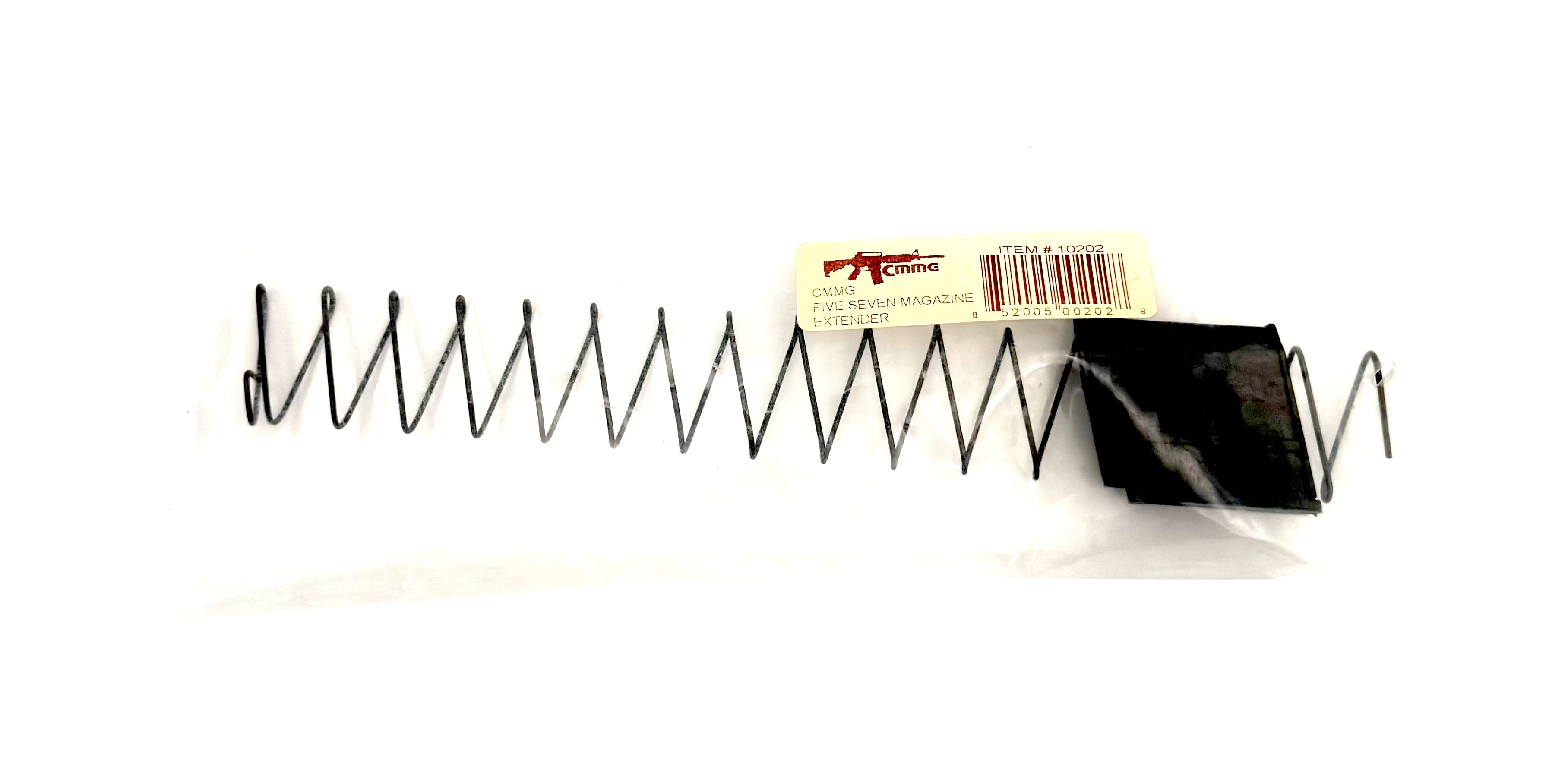 Spring and black object with a label on a white background