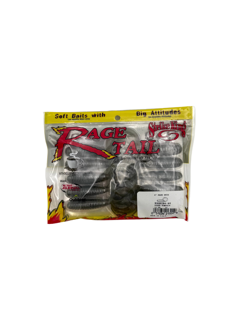Strike King Rage Grub bait in green pumpkin color, 4-inch soft plastic lure for fishing, shown in a 10-pack.