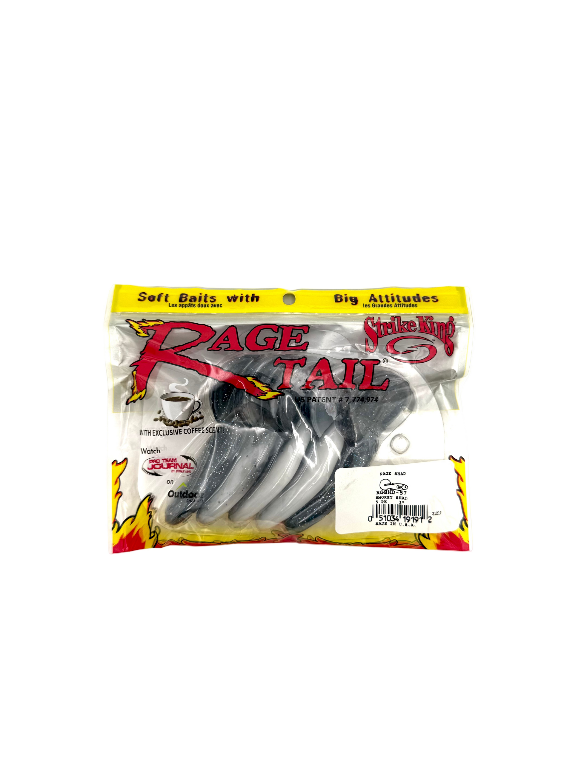 Strike King Rage Shad bait and lure in Smokey Shad color, 3-inch soft plastic bait for fishing, shown in the image.