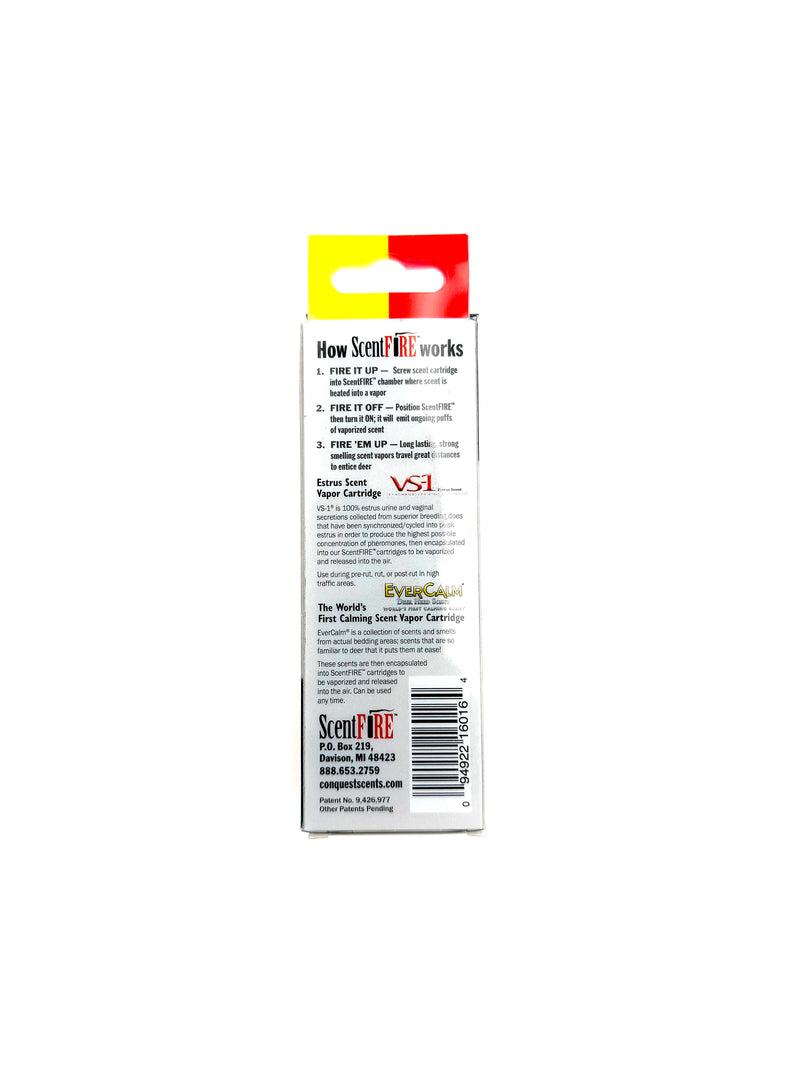 ScentFire Hunters electronic scent vapor cartridge, 0.017oz, showing the small scented cartridge for hunting scent concealment.