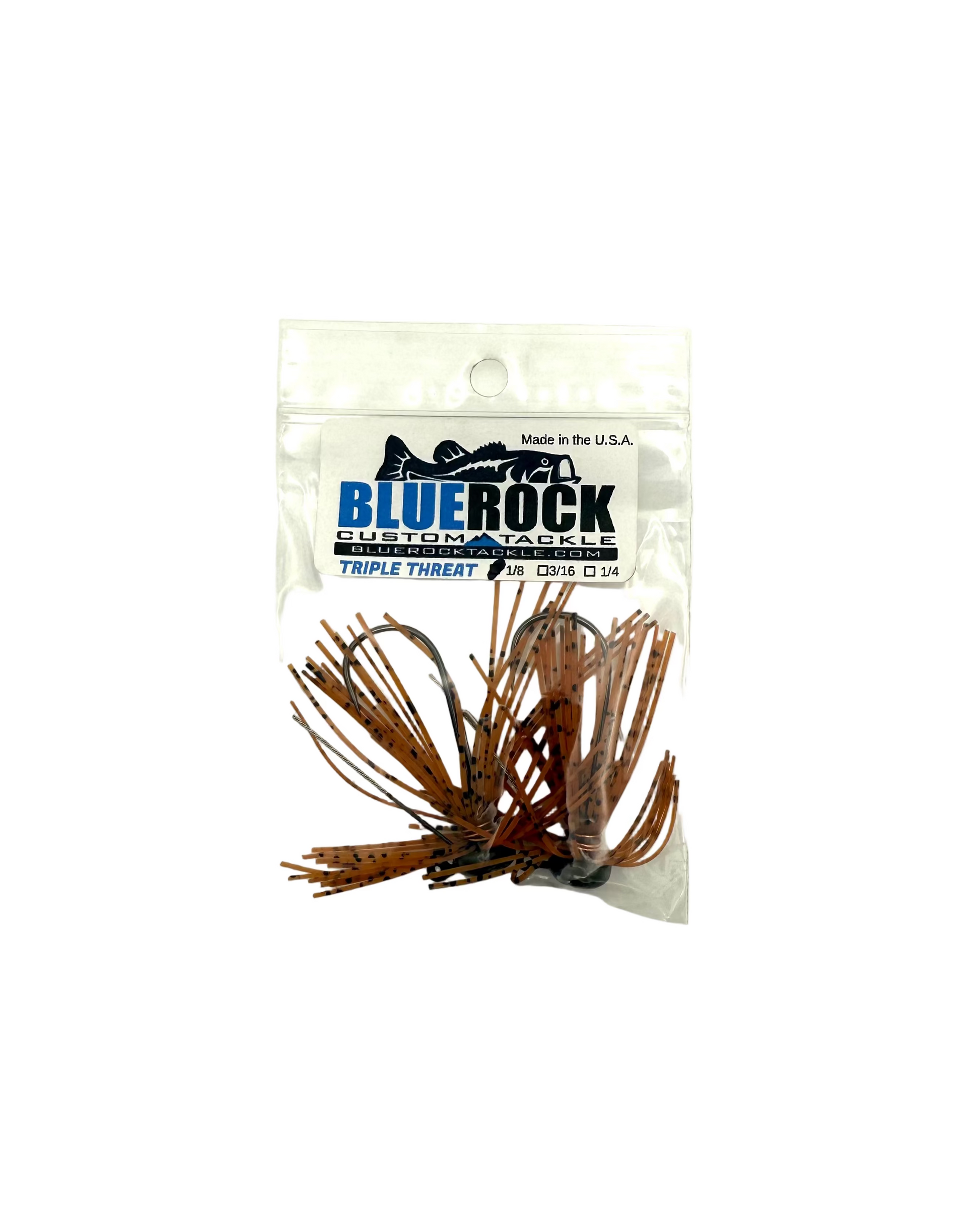 Packaged fishing lures with BlueRock branding on a white background