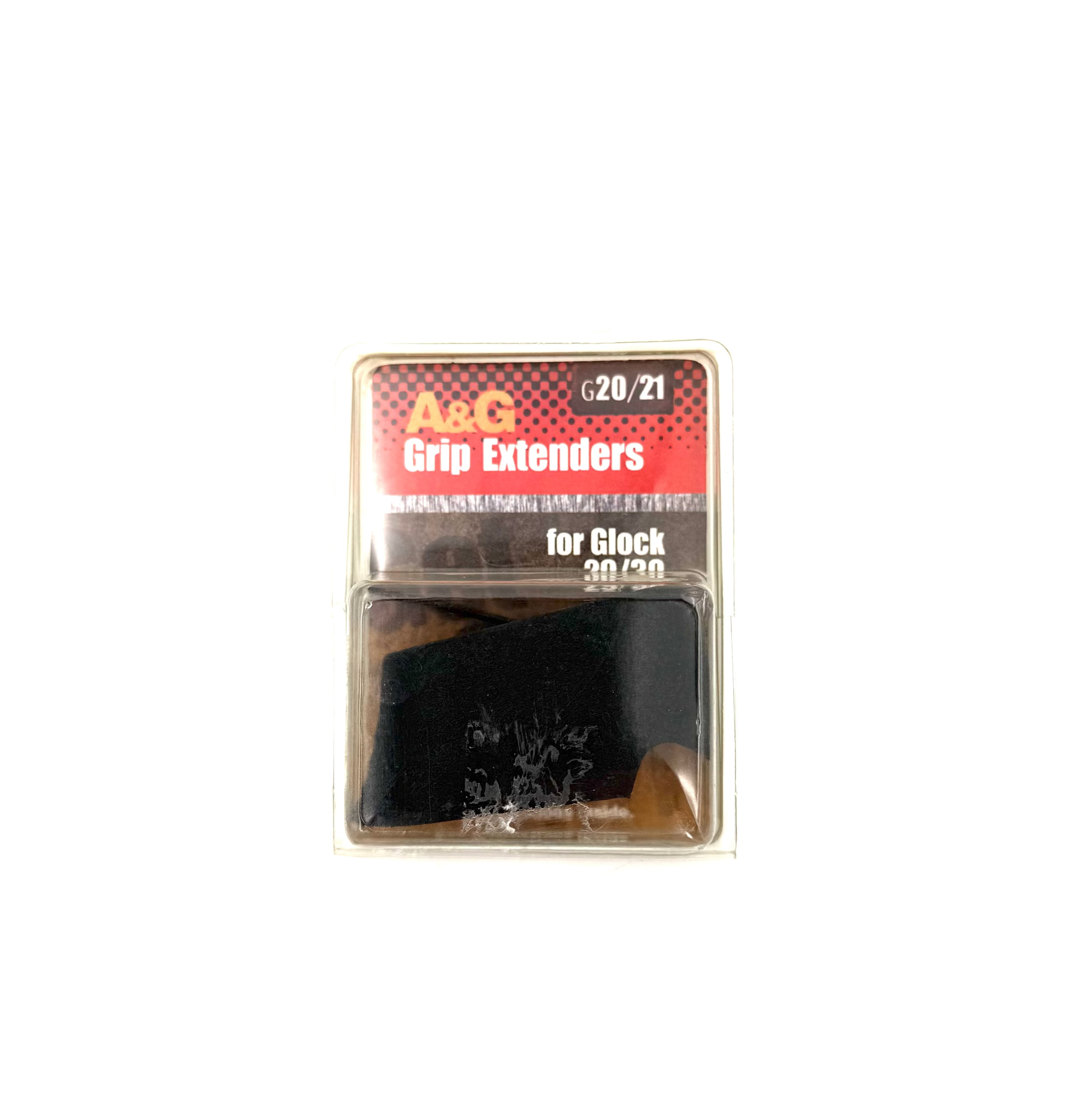 Packaged A&G Grip Extenders for Glock on a white background