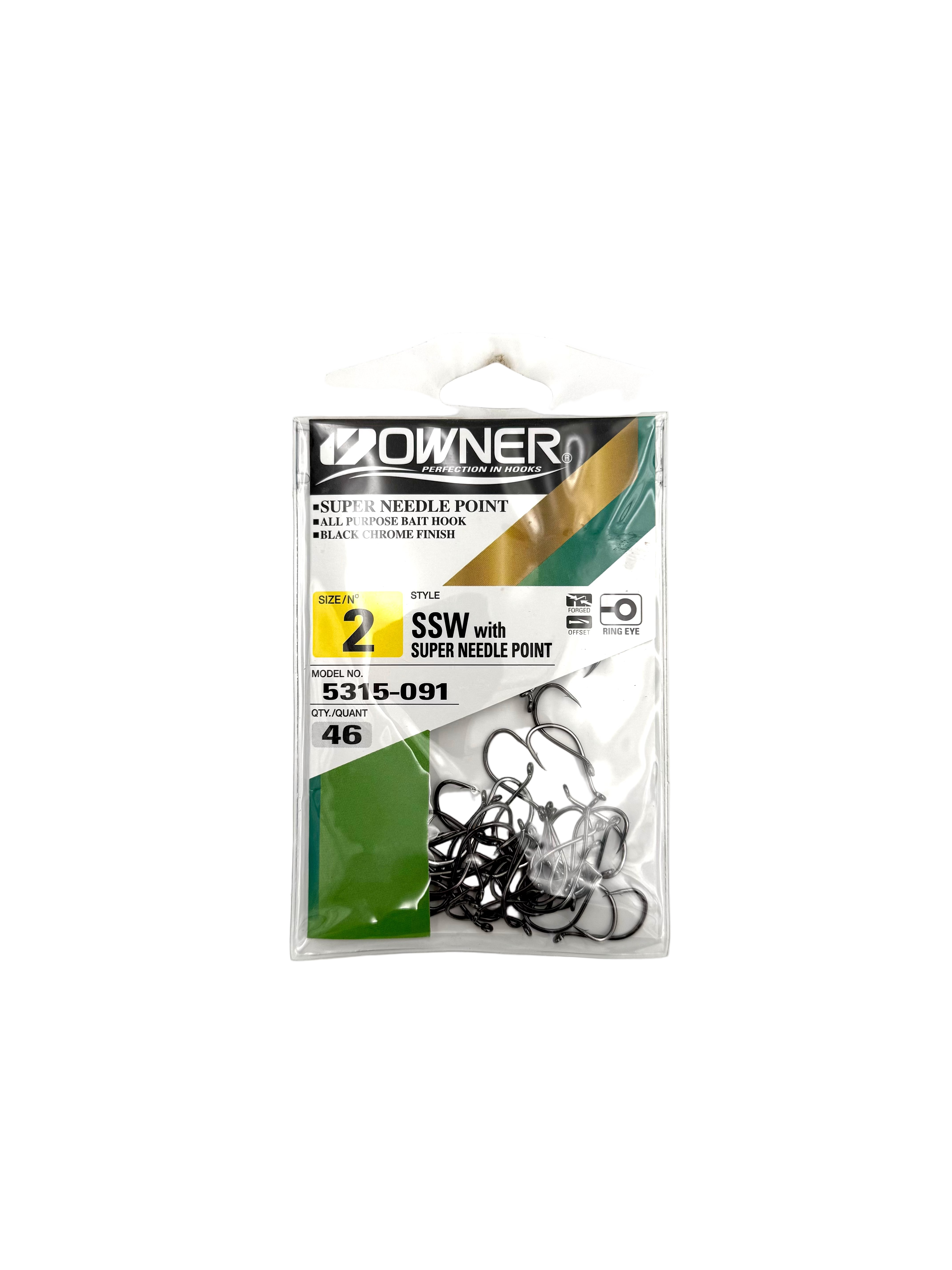 Owner SSW fishing hooks with super needle points, size 2, displayed in a 46-pack.