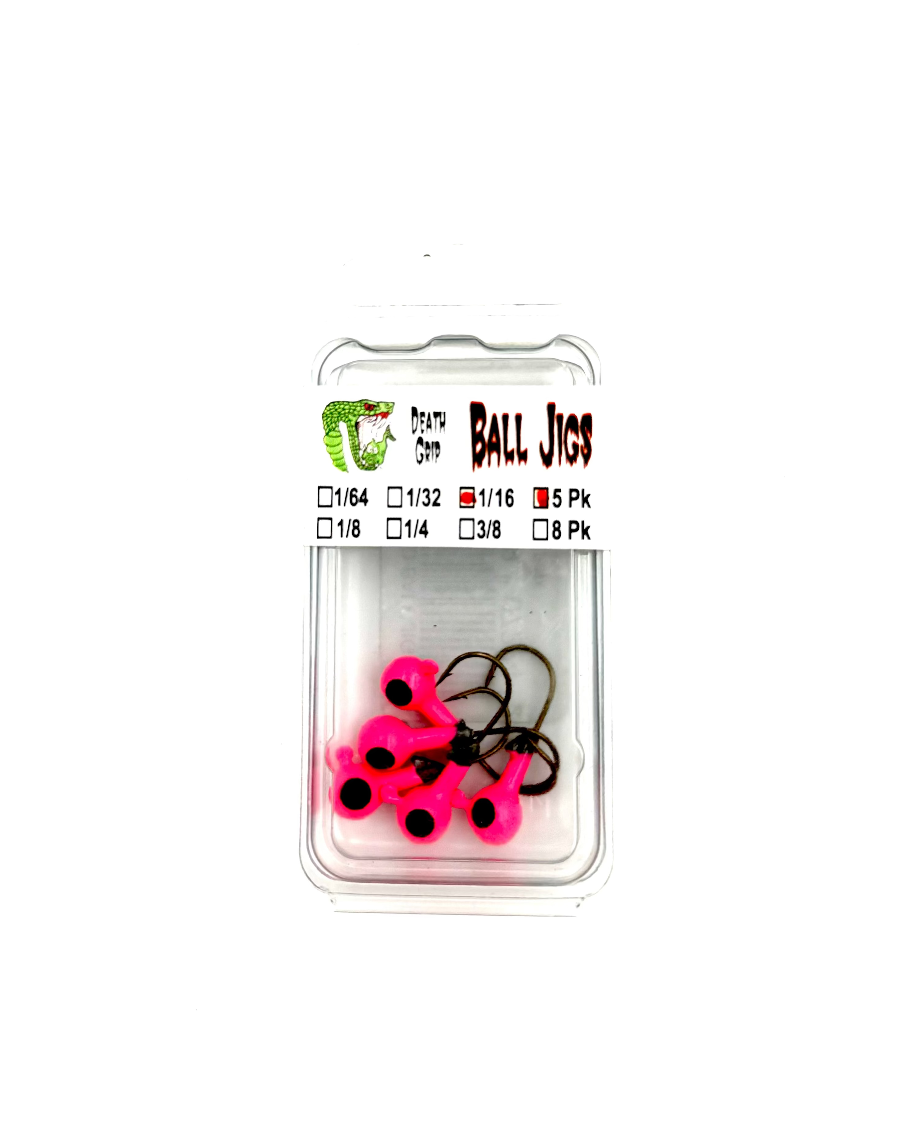 Packaged ball jigs with pink and black design on a white background