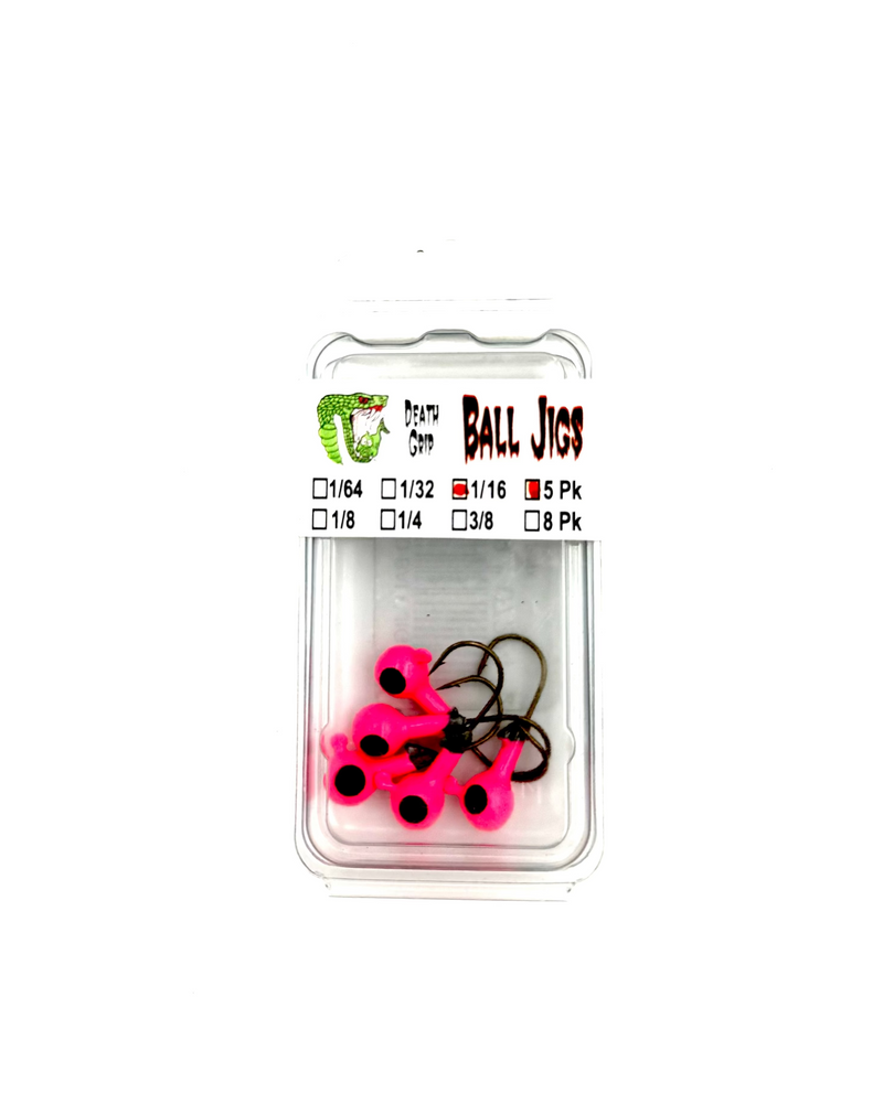 Packaged ball jigs with pink and black design on a white background