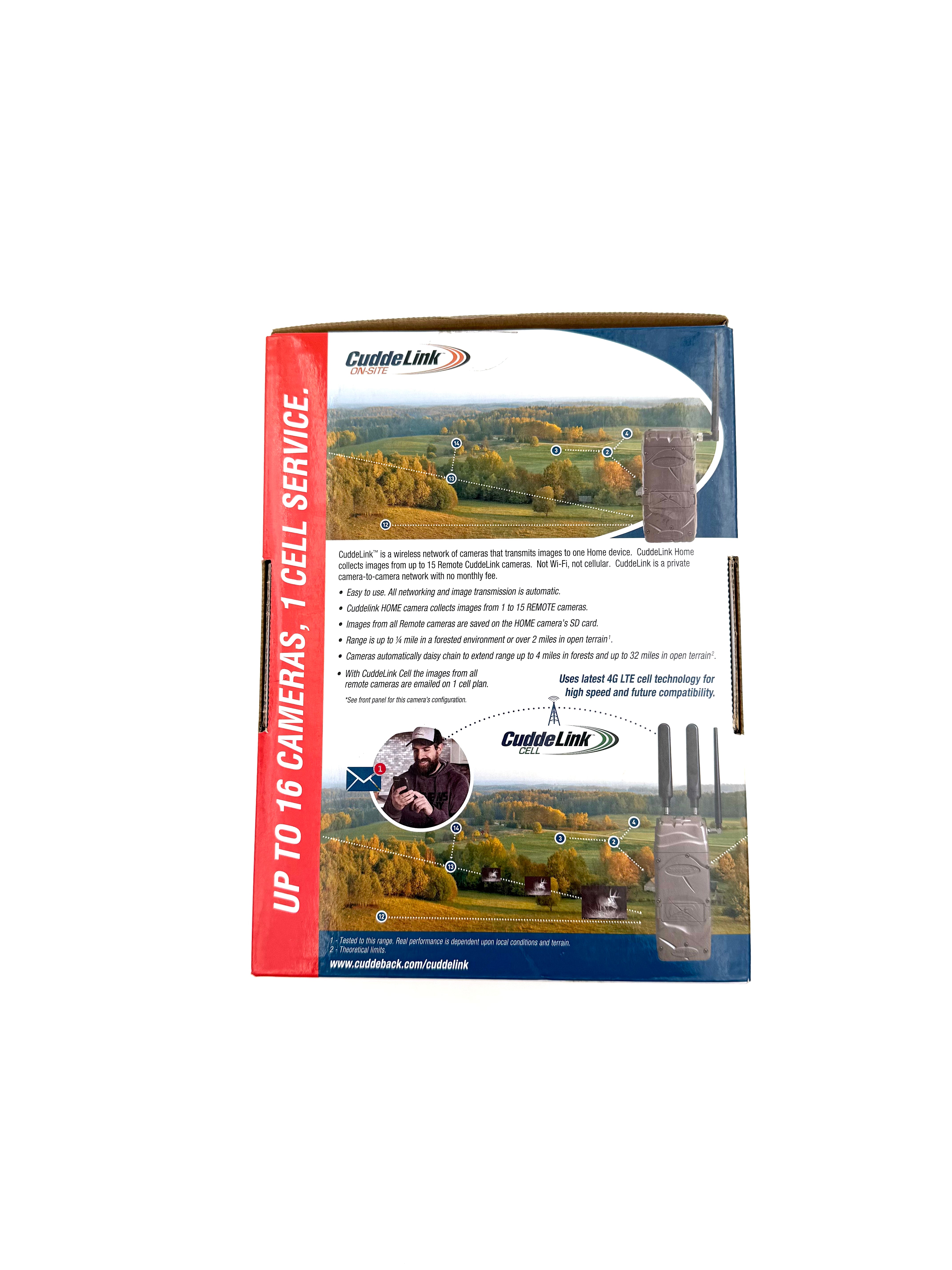 Cuddeback CuddeLink Cell Home Model 1385 camera system with outdoor setup and antenna for wildlife monitoring.