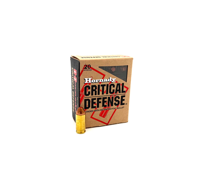 Hornady Critical Defense 40 S&W 165gr FTX ammo box with 20 rounds, featuring distinctive bullet design and packaging.