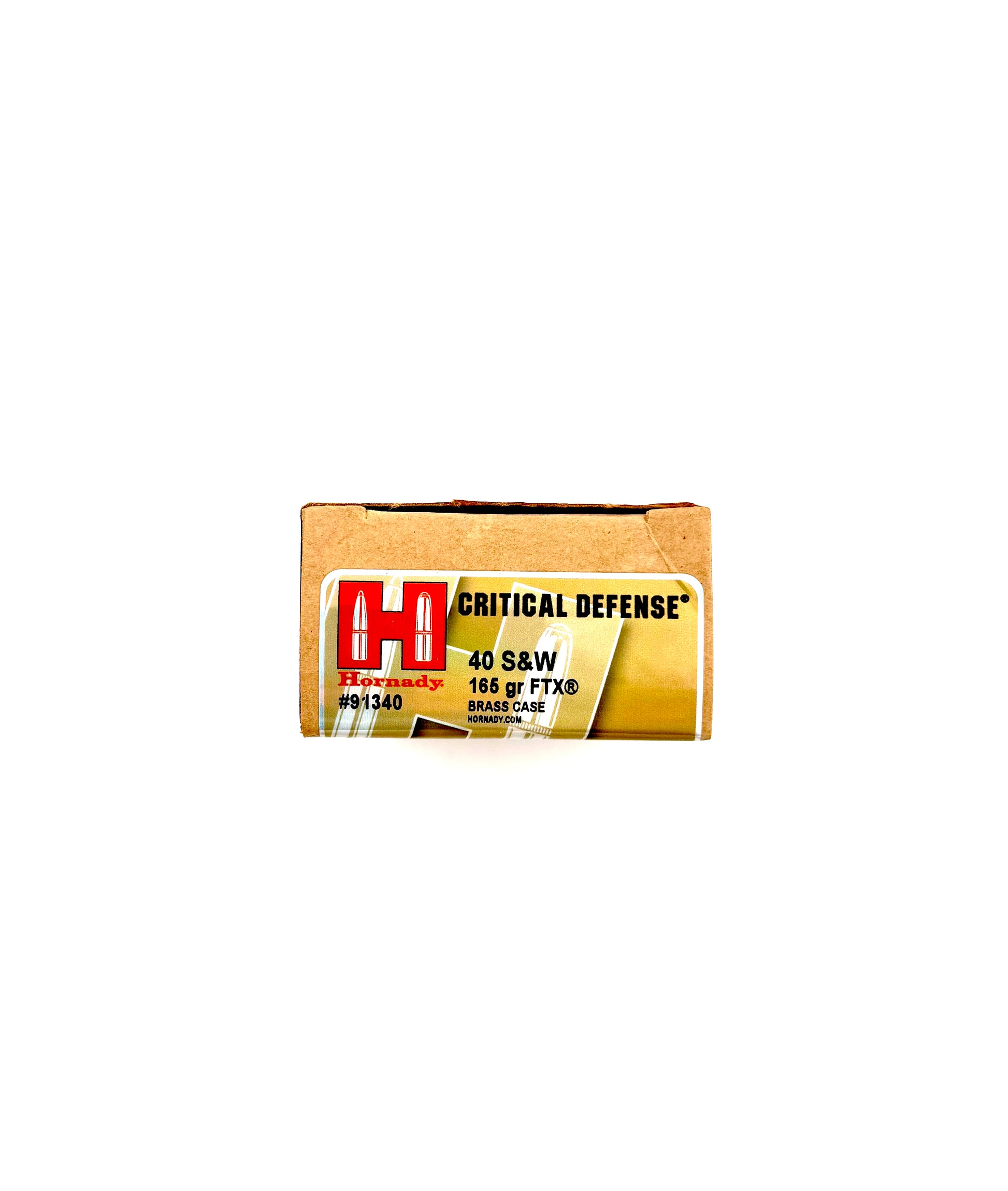 Hornady Critical Defense 40 S&W 165gr FTX ammo box with 20 rounds, featuring the distinctive FTX bullet design.