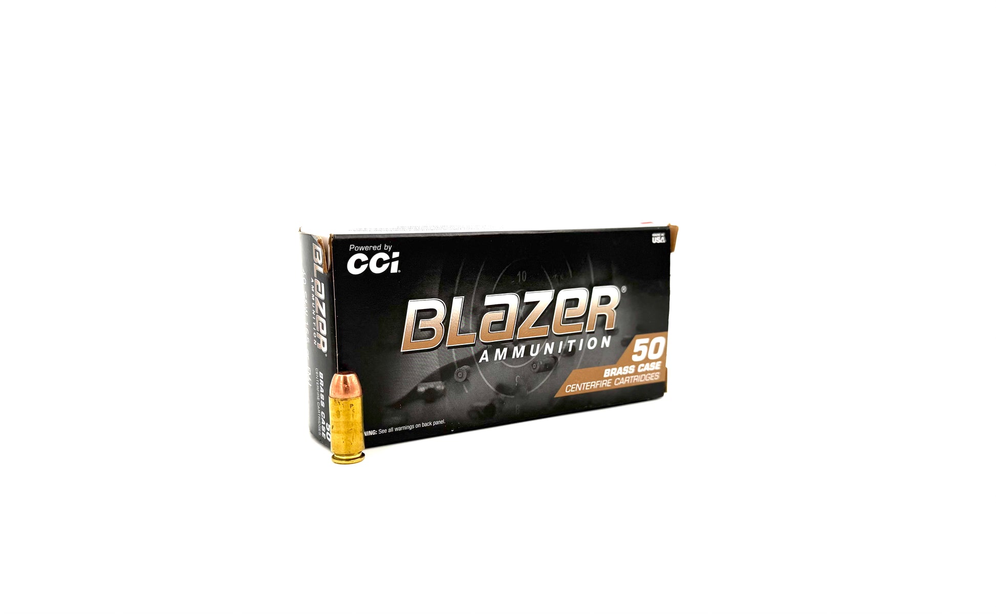Box of Blazer 40 S&W 165gr FMJ brass ammo with 50 cartridges, showing the packaged ammunition in a clear container.