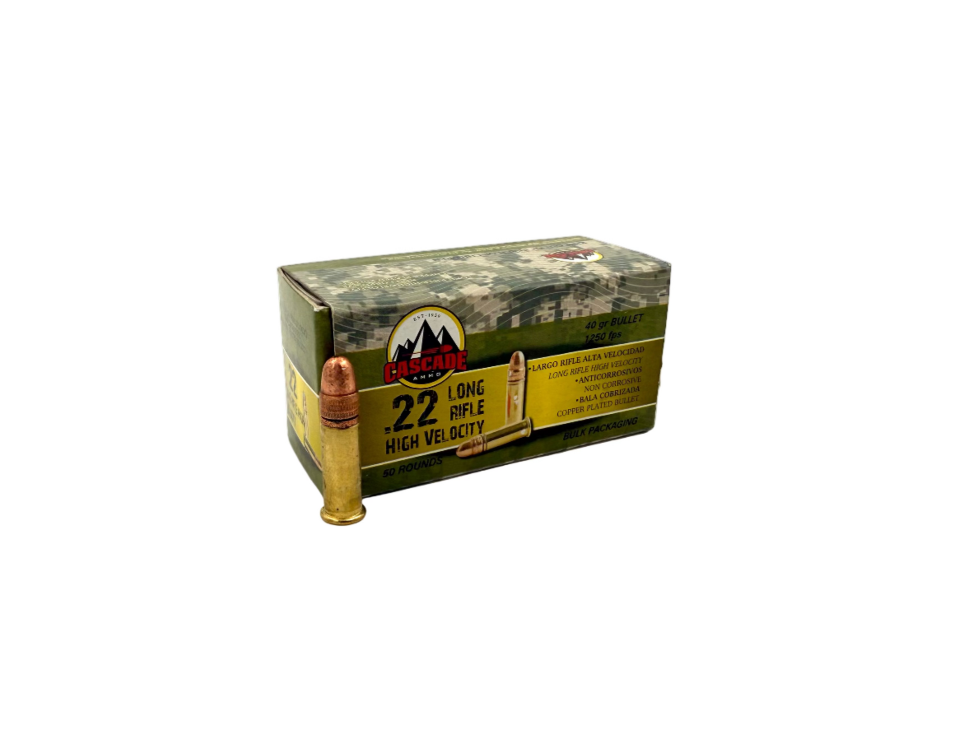 Cascade Ammo .22 LR 40gr high velocity ammunition, 50-count box, with shiny brass casings and projectile tips visible.