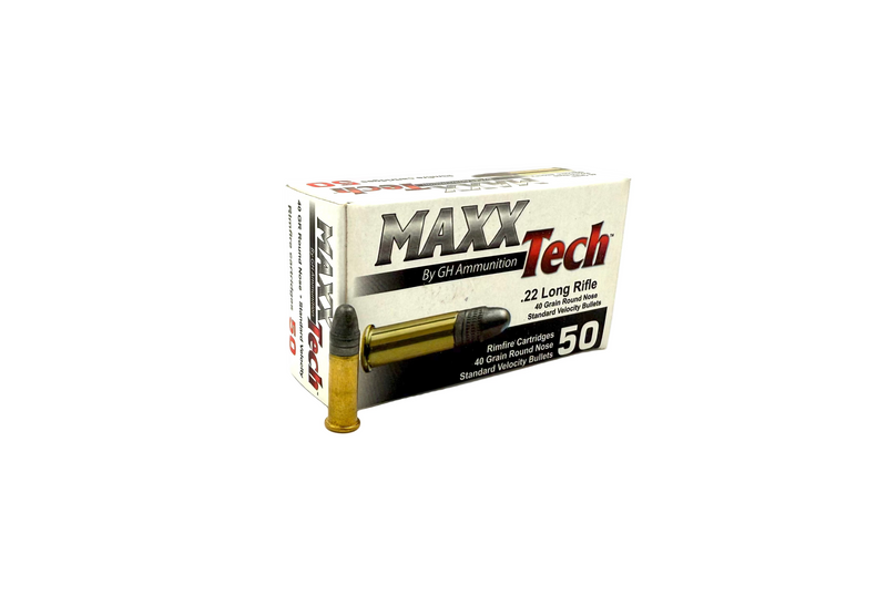 Maxx Tech 22 LR 40gr ammunition box with 50 rounds, featuring brass casings and bullet tips, on a white background.