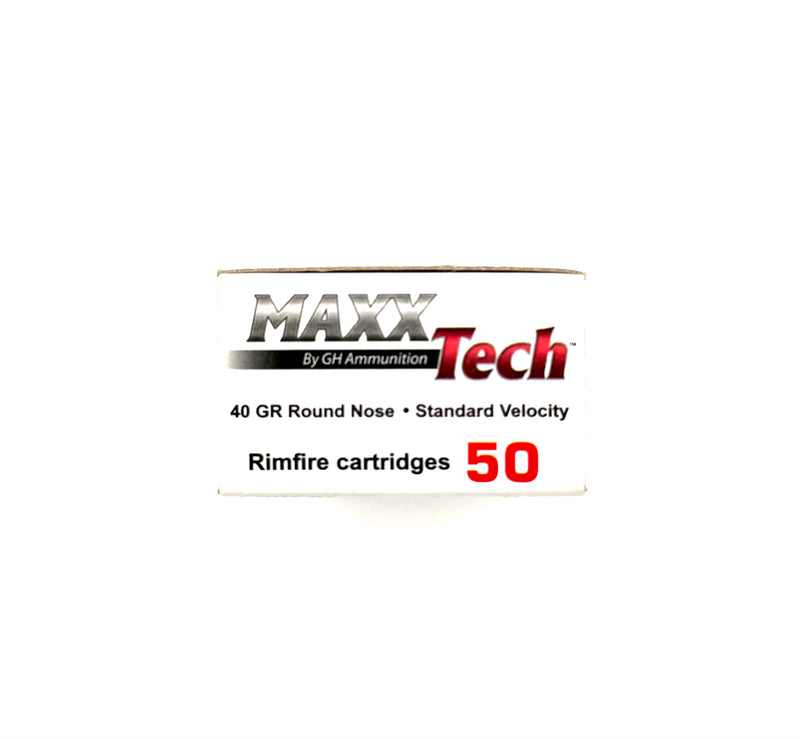 Maxx Tech 22 LR 40gr ammunition, 50-count box, with brass casings and 40-grain bullets, suitable for small game and target shooting.