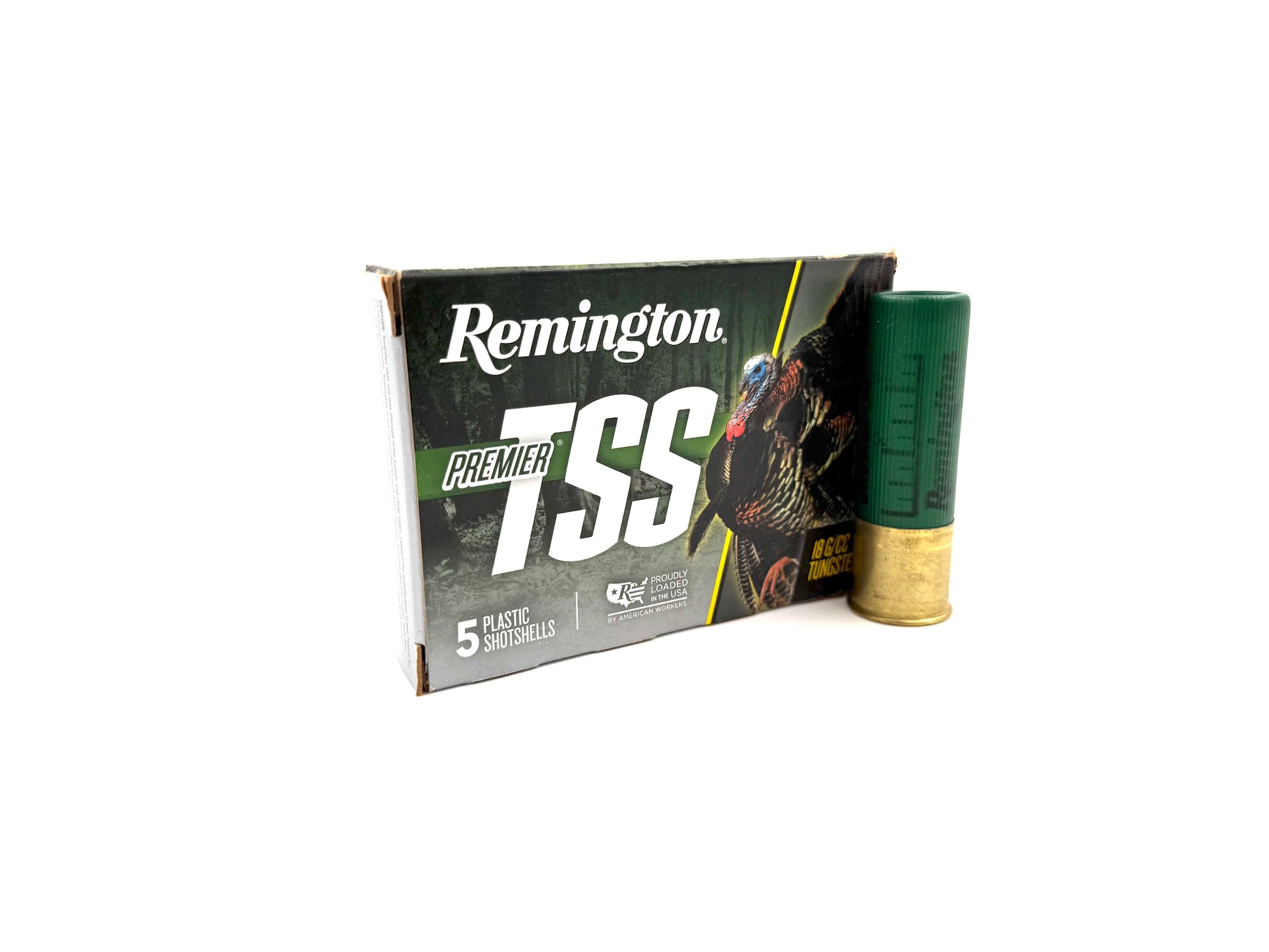 Remington Premier TSS 12 Gauge 3-inch 7 Shot shotgun ammunition, 5 cartridges, with brass cases and shot shells.