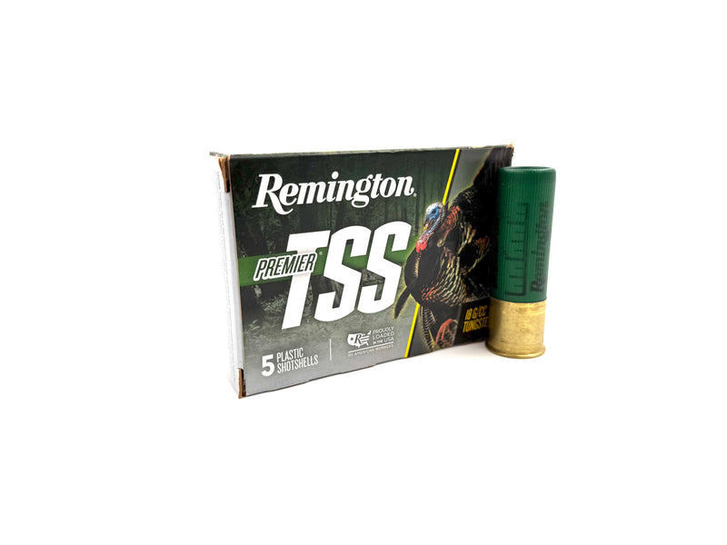 Remington Premier TSS 12 Gauge 3-inch 7 Shot shotgun ammunition, 5 cartridges, with brass cases and shot shells.