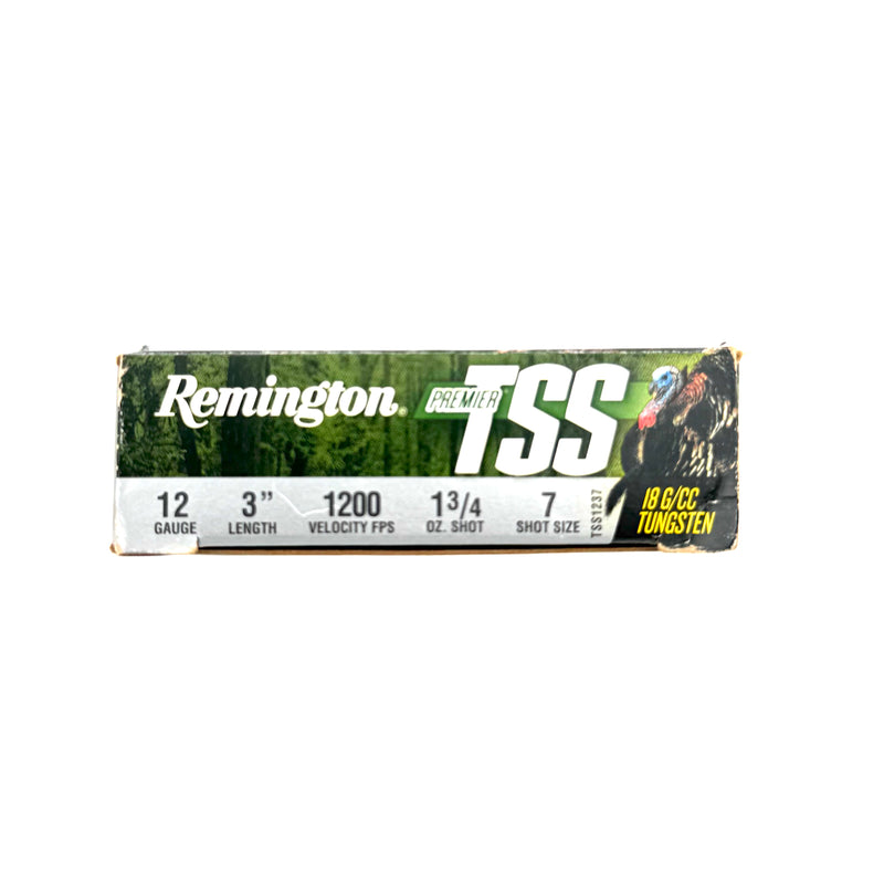 Remington Premier TSS 12 gauge 3-inch 7 shot shotgun shells, 5-count box, designed for hunting and shooting sports.