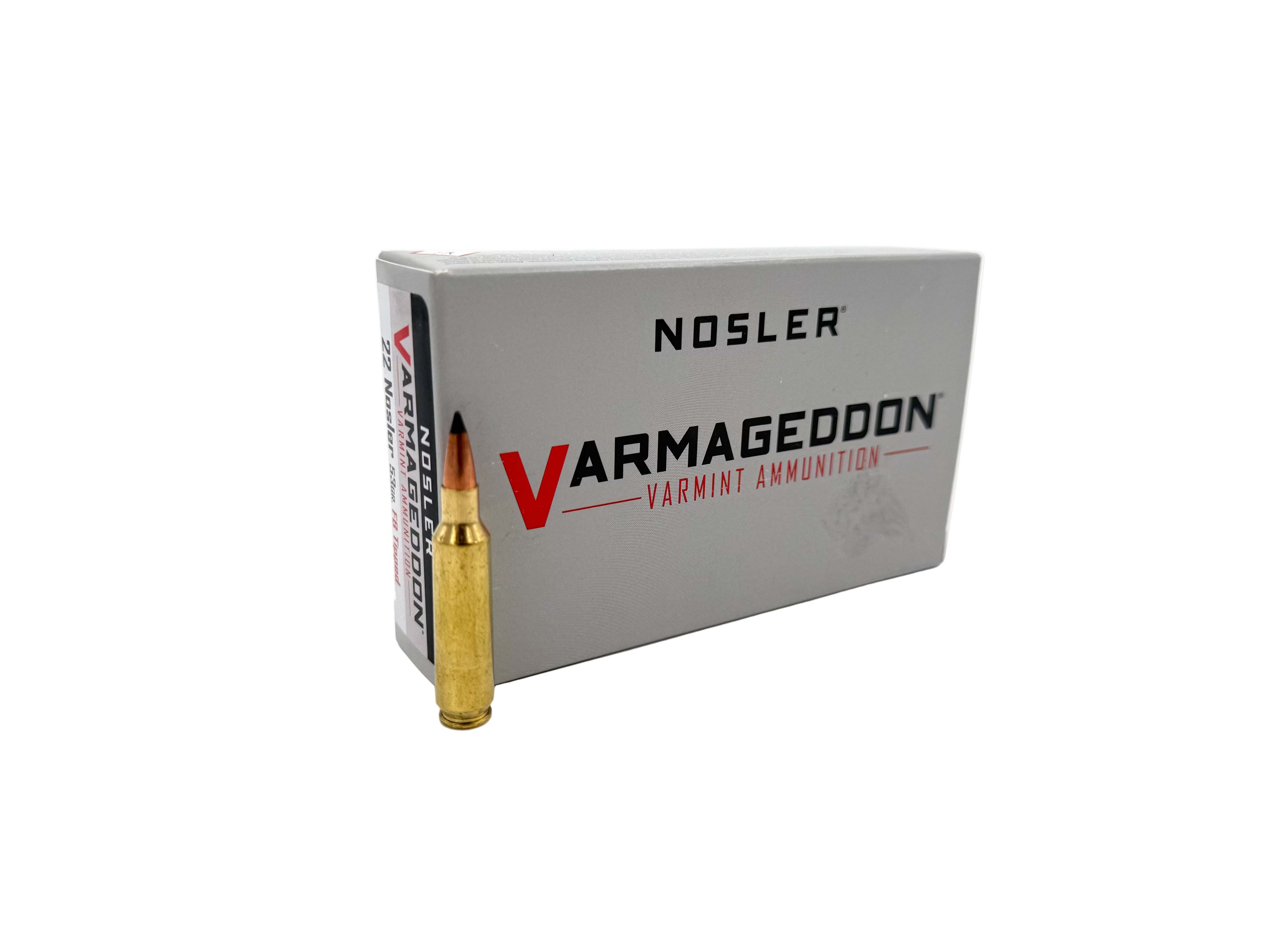 Nosler Varmageddon 22 Nosler ammo, 53gr FB tipped, 20-round box, with bullets and packaging visible in the image.