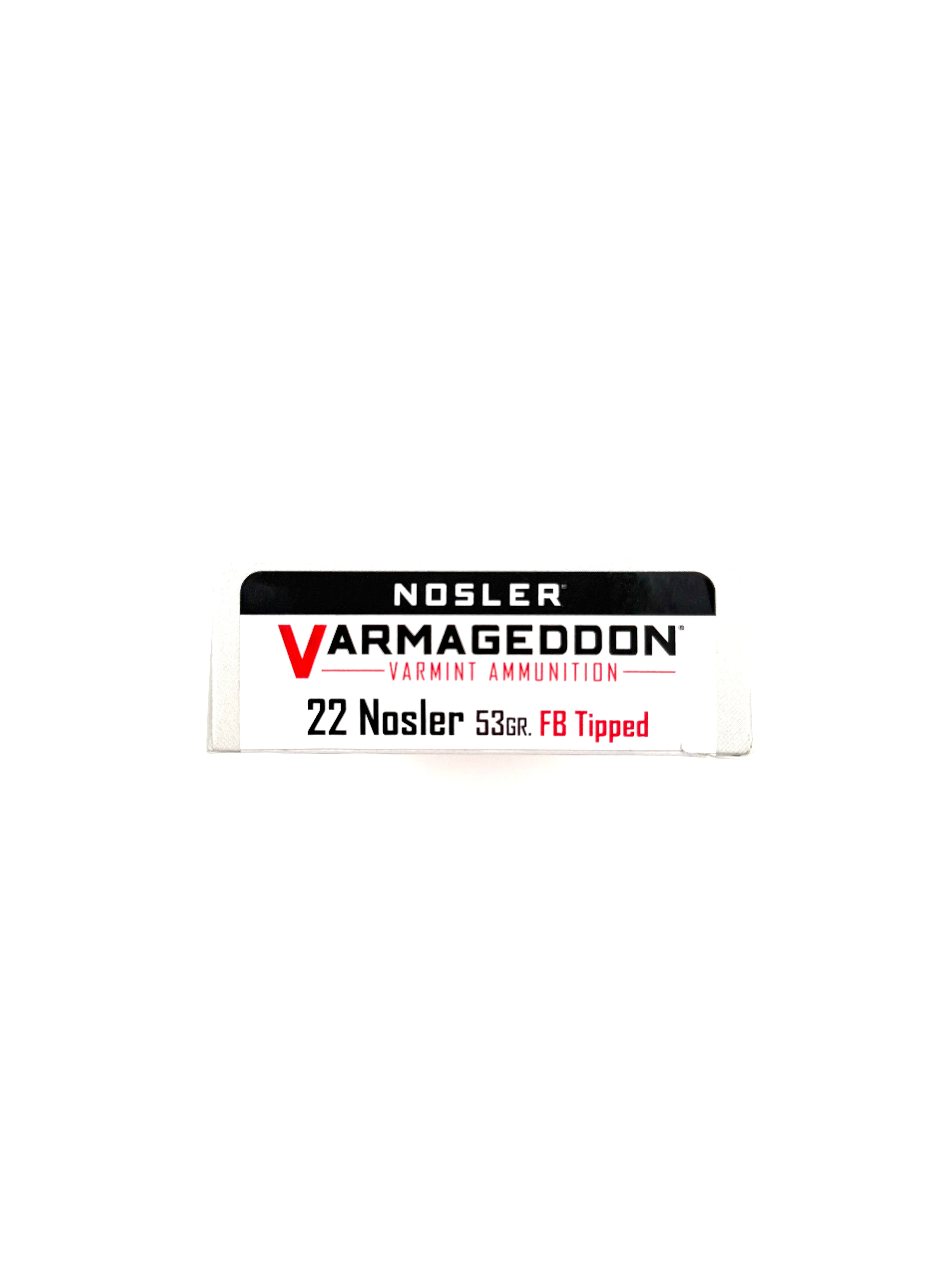 Nosler Varmageddon 22 Nosler ammo, 53gr FB Tipped, 20 rounds, firearm ammunition for varmint hunting.
