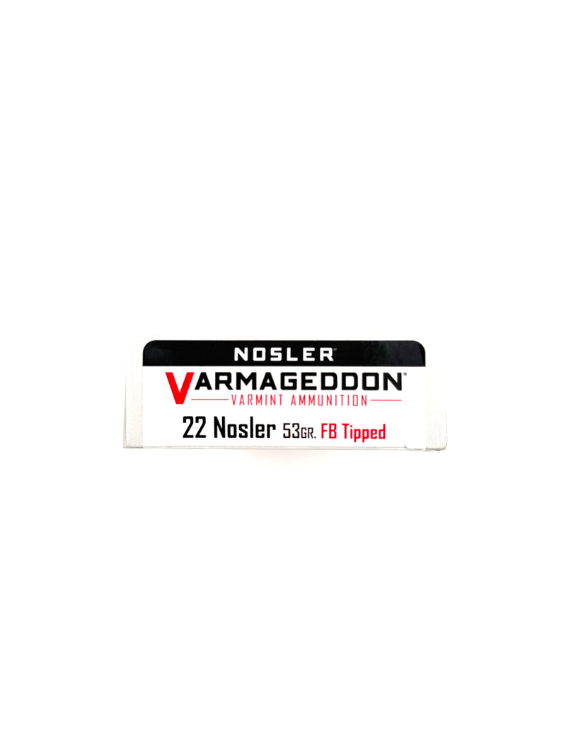 Nosler Varmageddon 22 Nosler ammo, 53gr FB Tipped, 20 rounds, firearm ammunition for varmint hunting.