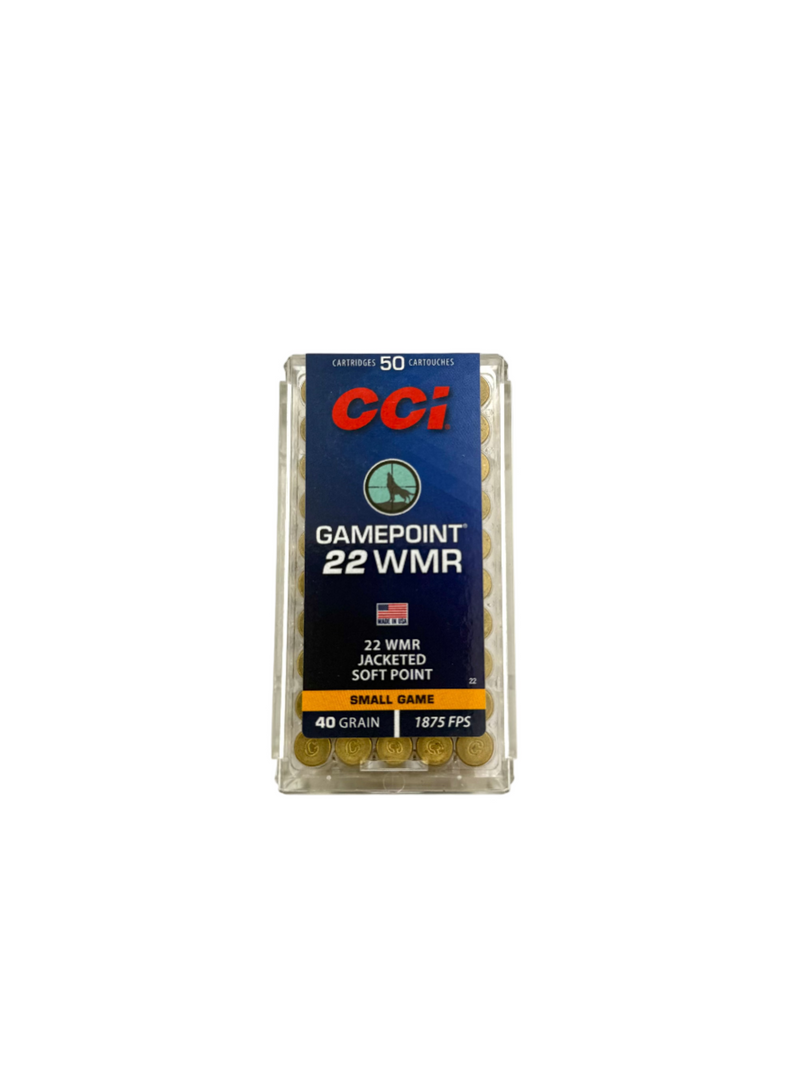 CCI Gamepoint 22 WMR jacketed soft point ammo, 50 cartridges in a box, designed for hunting and target shooting.
