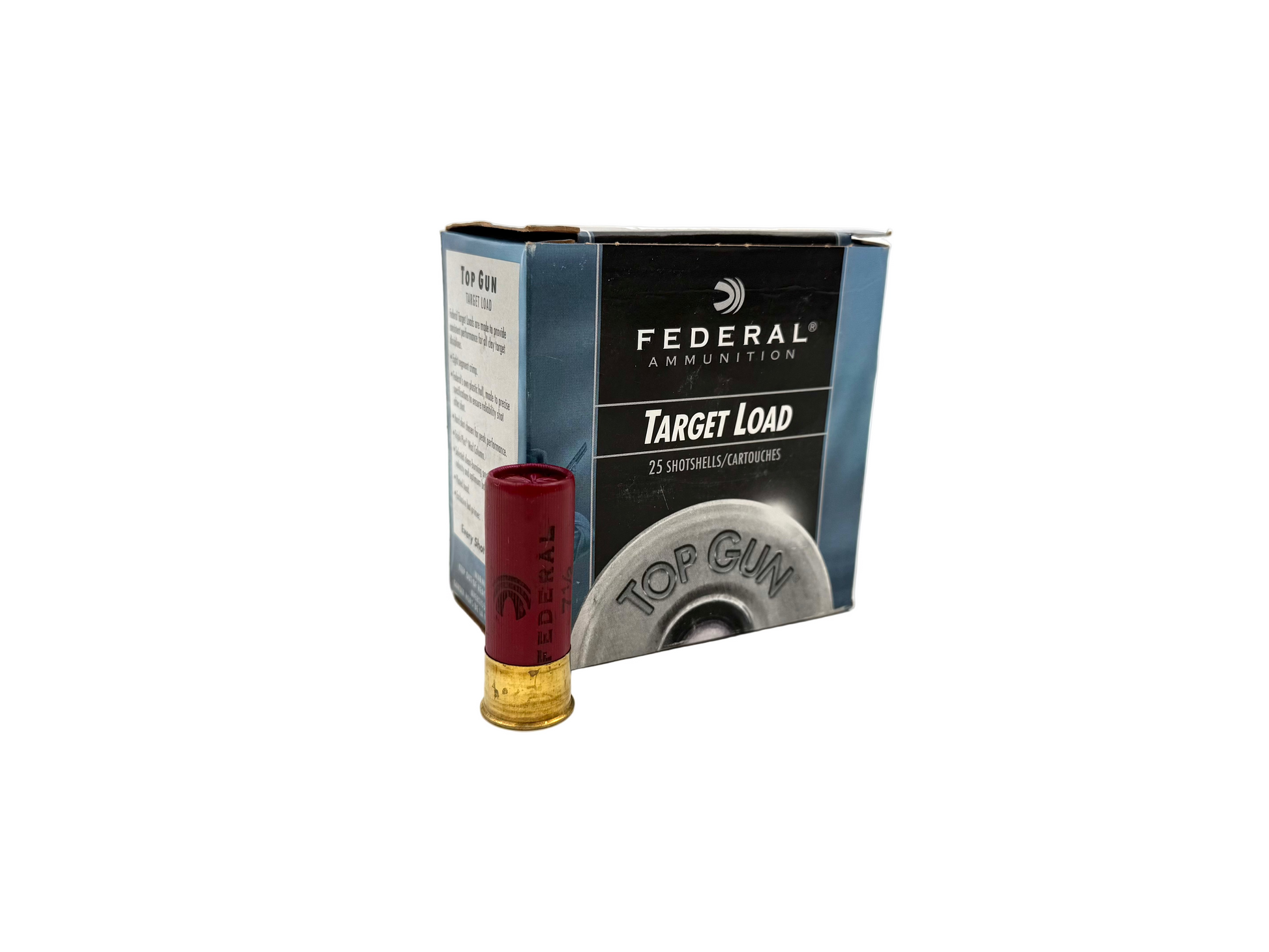 Federal Target Load 12 gauge 2 3/4-inch shotgun shells with 7 1/2 shot, 25-count box, suitable for target shooting and hunting.