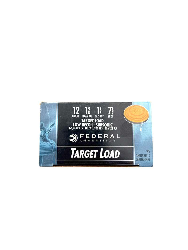 Federal 12 gauge ammo, Target Load 2 3/4 inch with 7 1/2 shot, 25-round box for shooting and sporting clays.