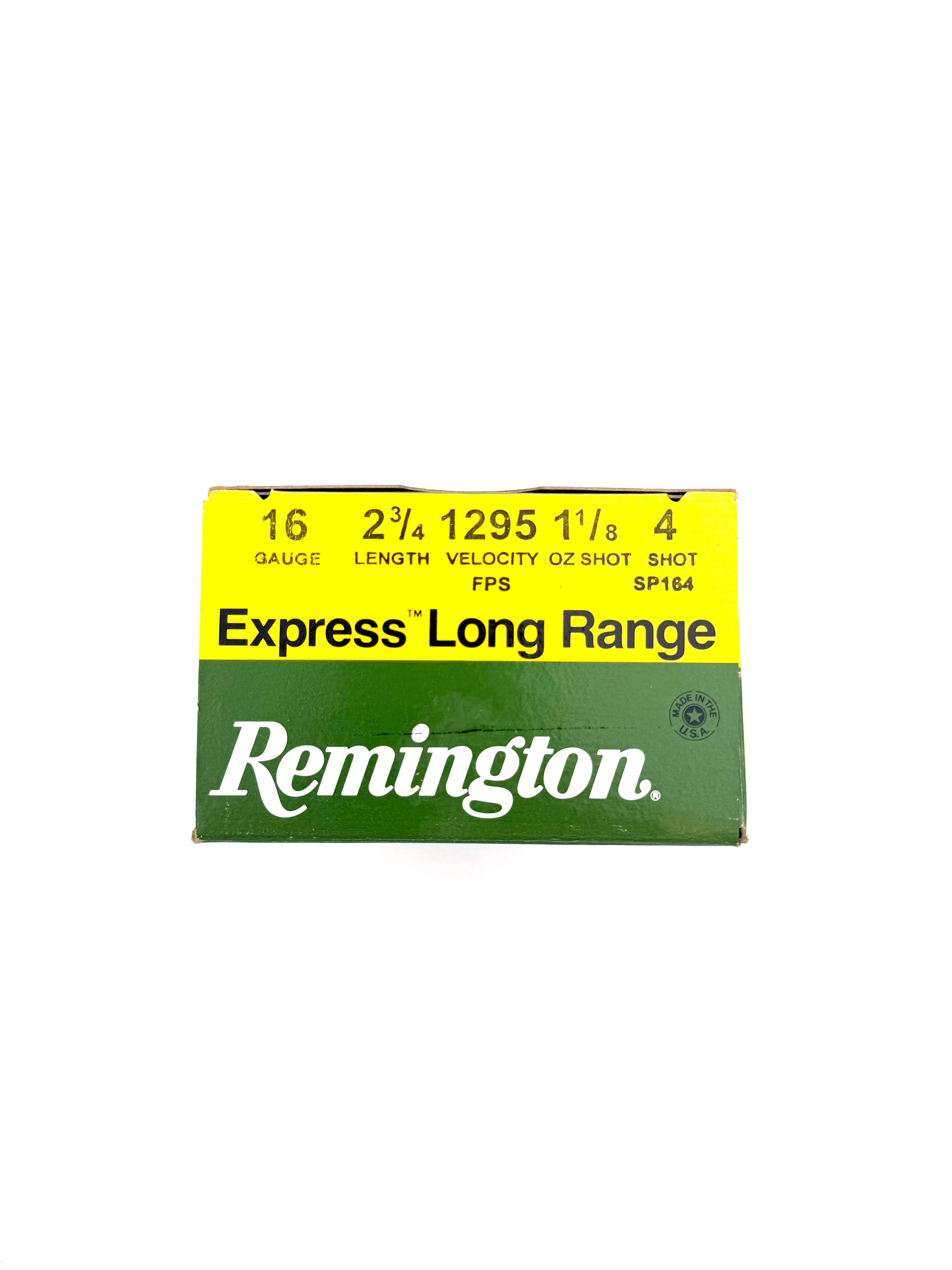 Remington Express long-range 16 gauge 2 3/4-inch 4 shot shotgun ammo, 25 cartridges in box, designed for hunting and shooting sports.