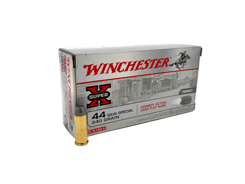Winchester Super X 44 S&W Special 240gr ammo, 50 rounds, with brass casings and bullet tips visible in the image.