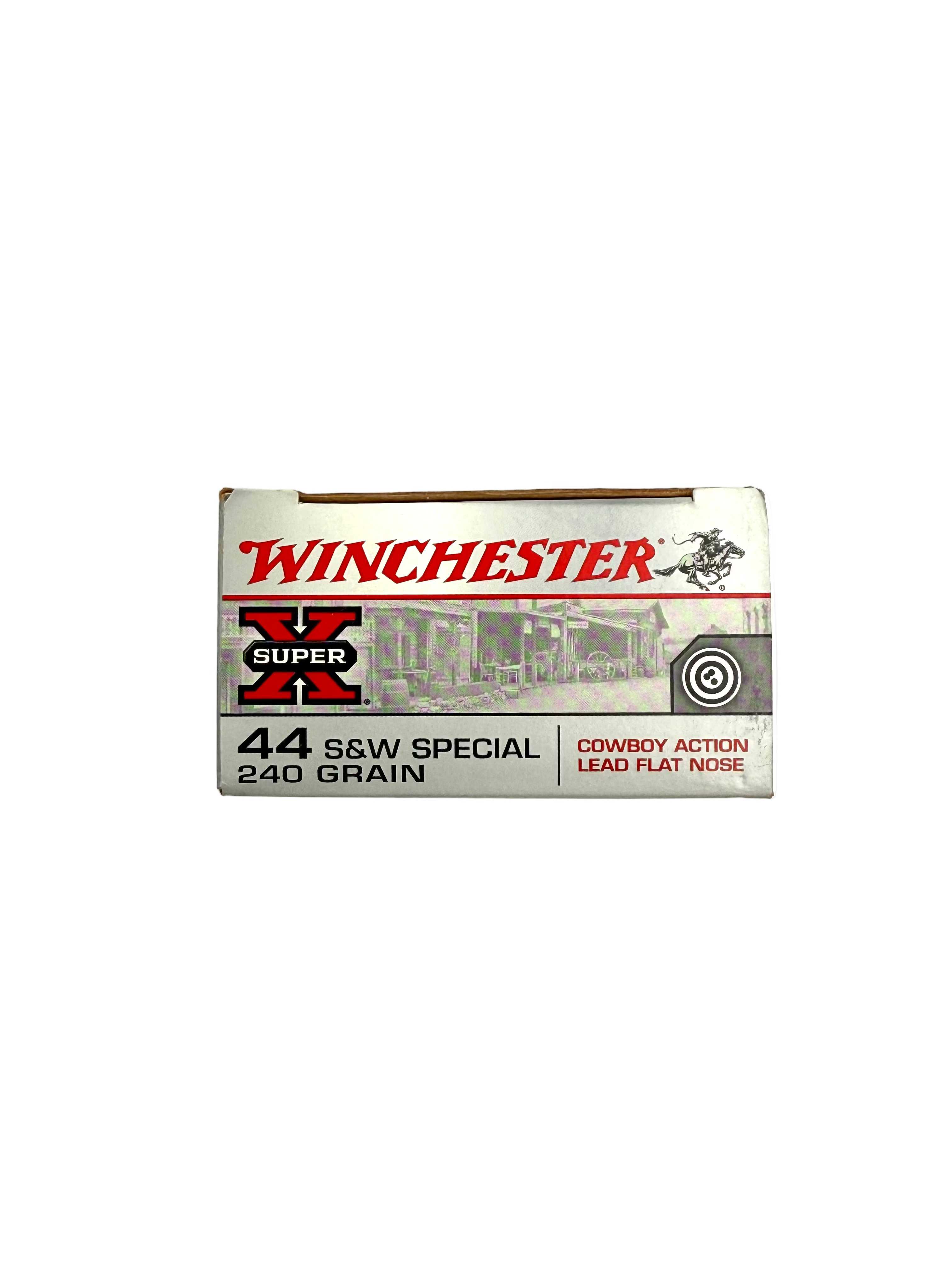 Winchester Super X 44 S&W Special 240gr ammo box with 50 rounds, featuring brass casings and bullet tips.