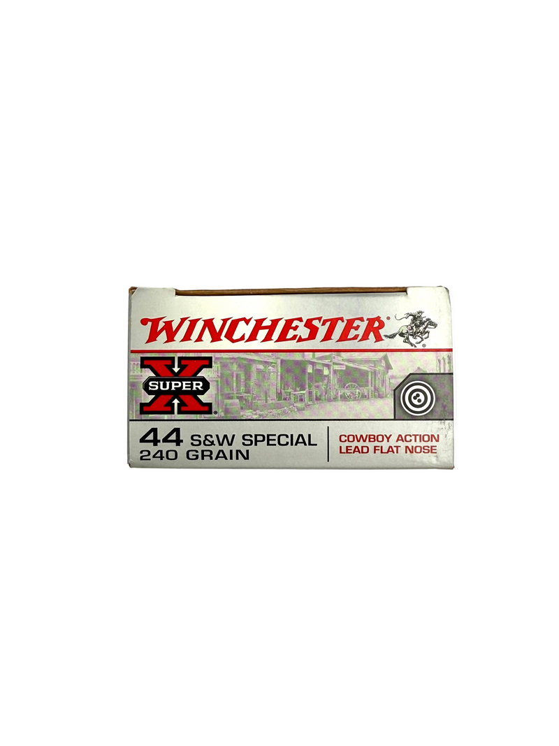 Winchester Super X 44 S&W Special 240gr ammo box with 50 rounds, featuring brass casings and bullet tips.