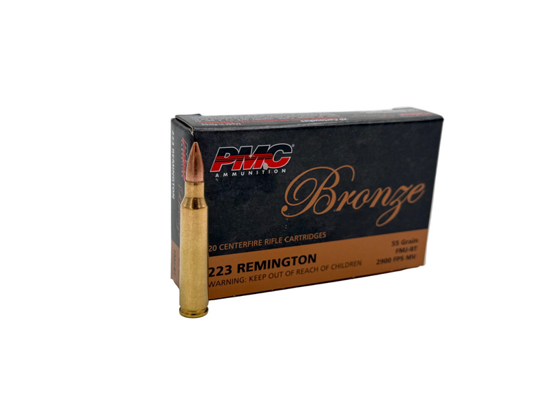 PMC Ammunition Bronze 223 Rem 55gr bullets, 20-count box, close-up of the 223 Rem ammo cartridges with bronze casings