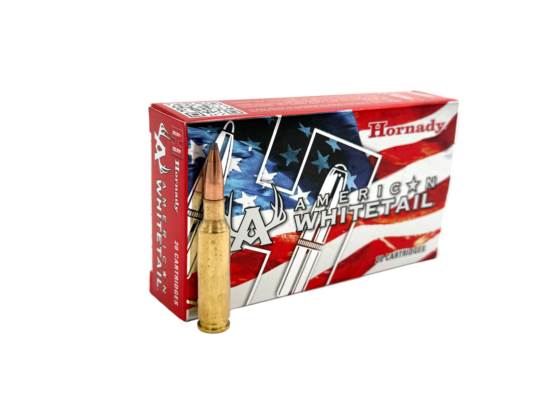 Hornady American Whitetail 6.5 Creedmoor 129gr InterLock bullets, 20-count box, showing sleek brass casings and pointed projectile tips.