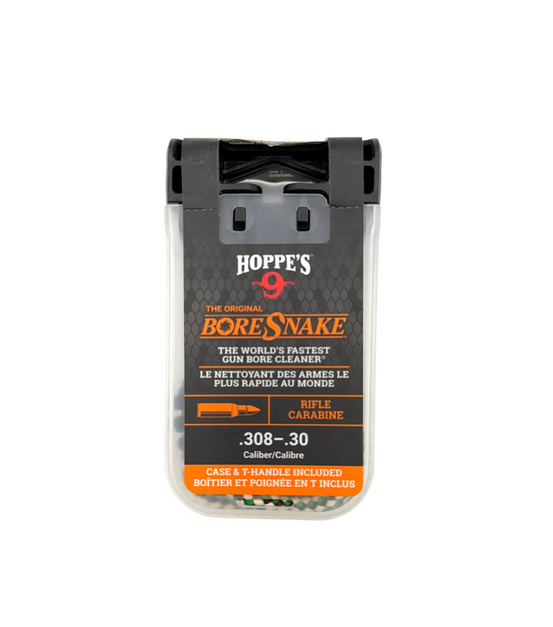 Hoppe’s 9 Bore Snake gun bore cleaner for .308 and .30 caliber rifles, shown in a close-up image.