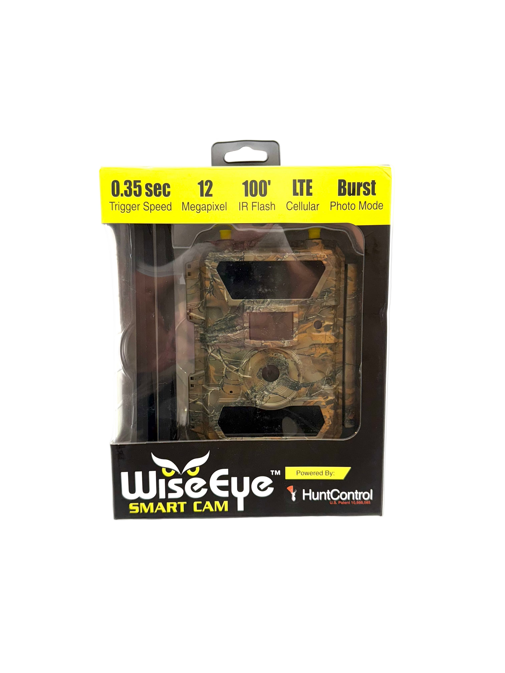 WiseEye Smart Cam trail camera showing outdoor setup with lens and antenna, used for wildlife monitoring and security.