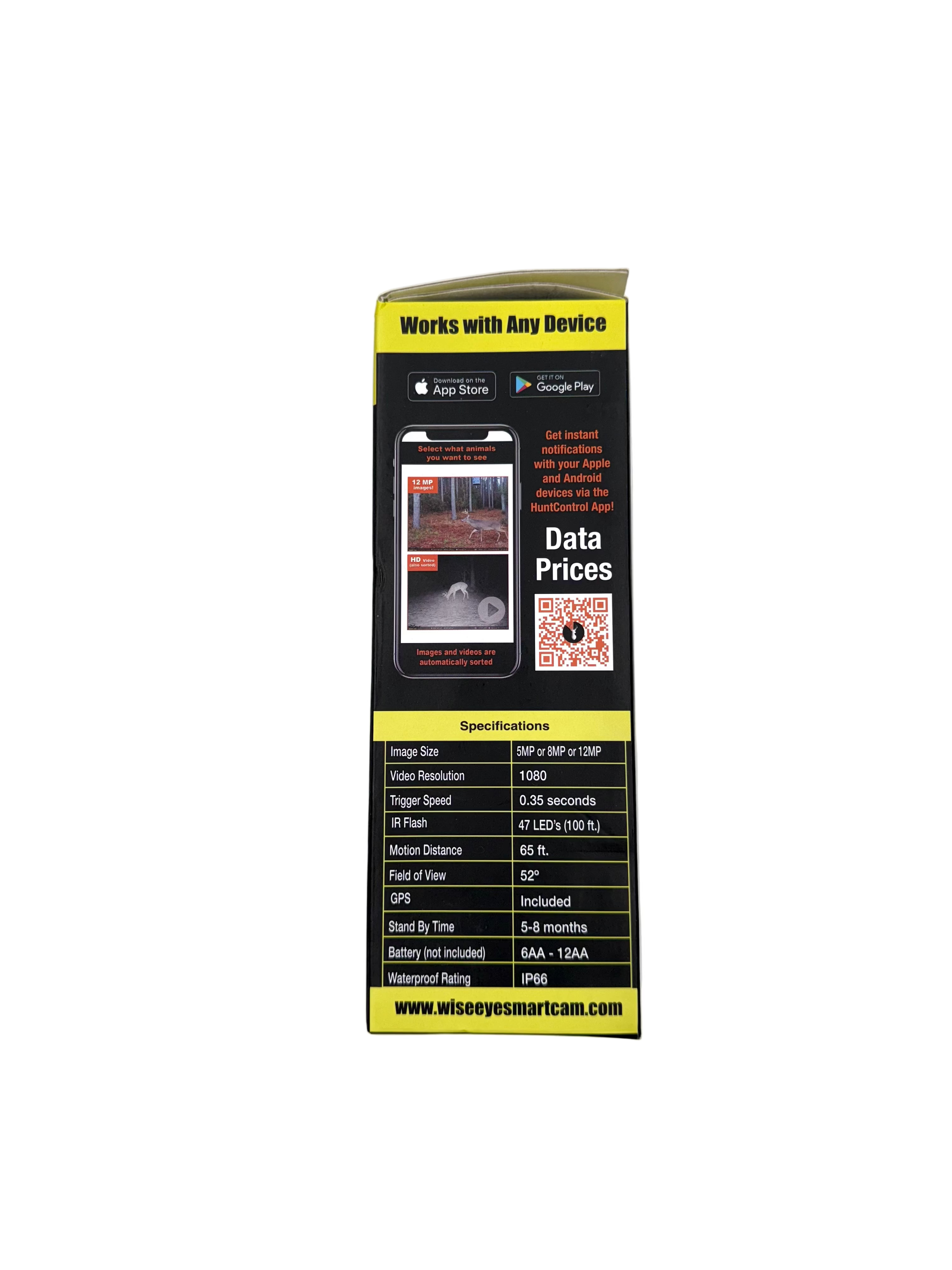 WiseEye Smart Cam trail camera showing outdoor setup with lens and sensors, compatible with AT&T 4G LTE for wildlife monitoring