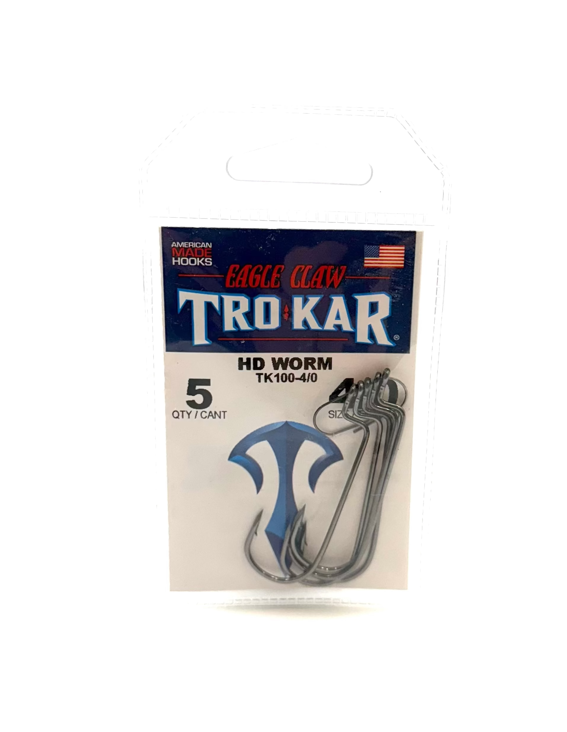 Packaged Trokar fishing hooks with blue and silver design on a white background