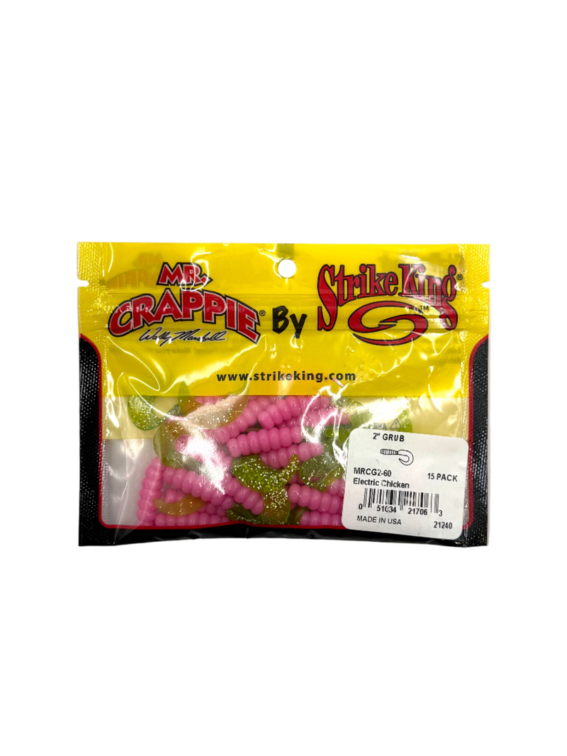 Strike King Mr Crappie 2-inch Electric Chicken soft plastic grub bait, 15-pack, designed for crappie fishing.