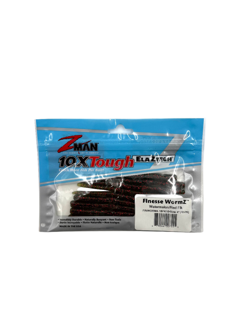 ZMAN Finesse WormZ Watermelon Red Flake bait and lure, 4-inch soft plastic worm, 10-pack, designed for fishing.