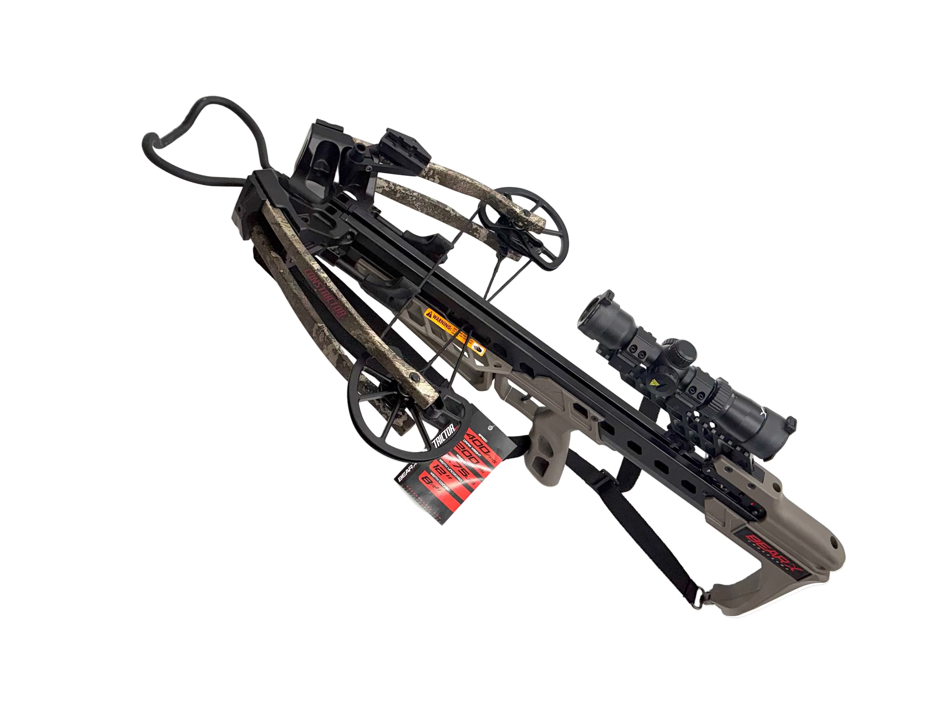 Bear X Constrictor Pro crossbow with sleek design, scope, and adjustable stock, ready for hunting or target shooting.