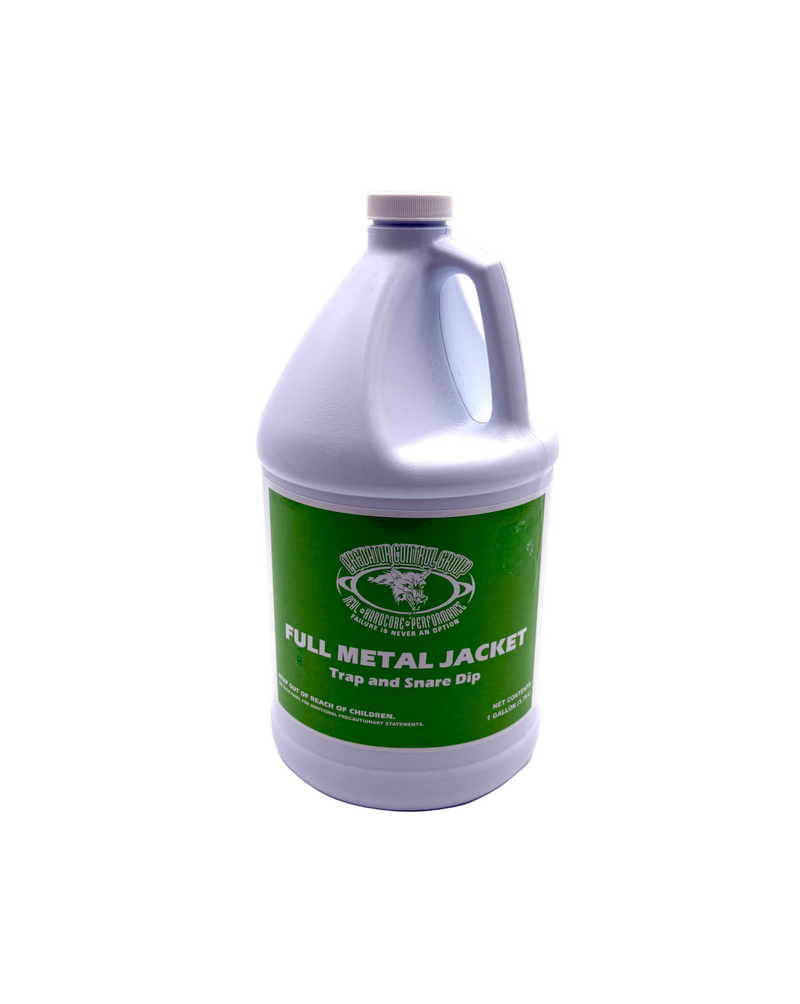 Full metal jacket trap and snare dip from Predator Control Group, 1-gallon trap lure dip for predator control.