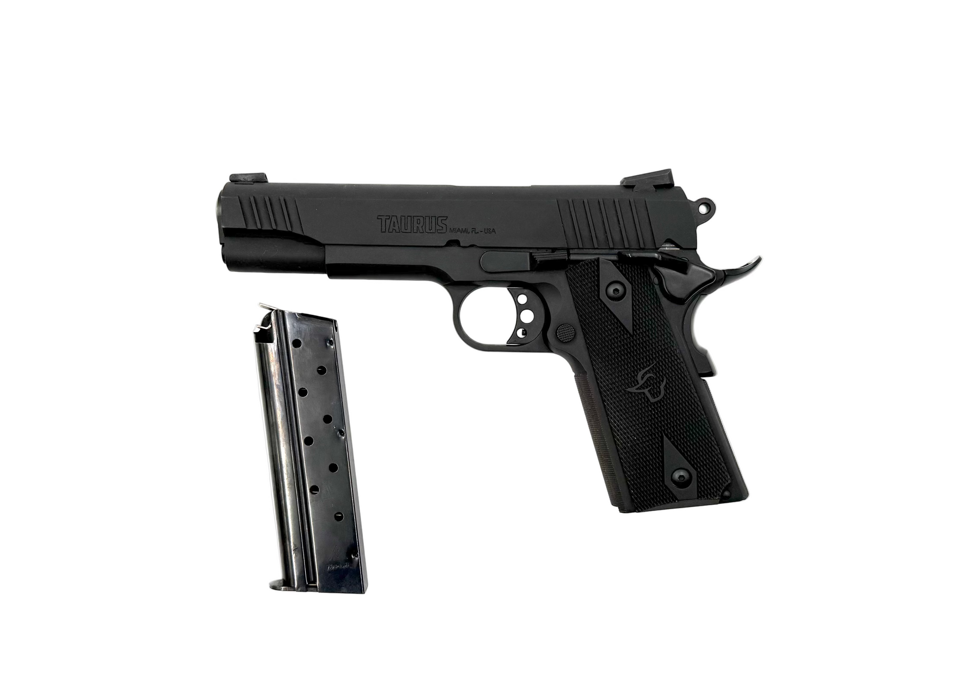 Black handgun with magazine on a white background