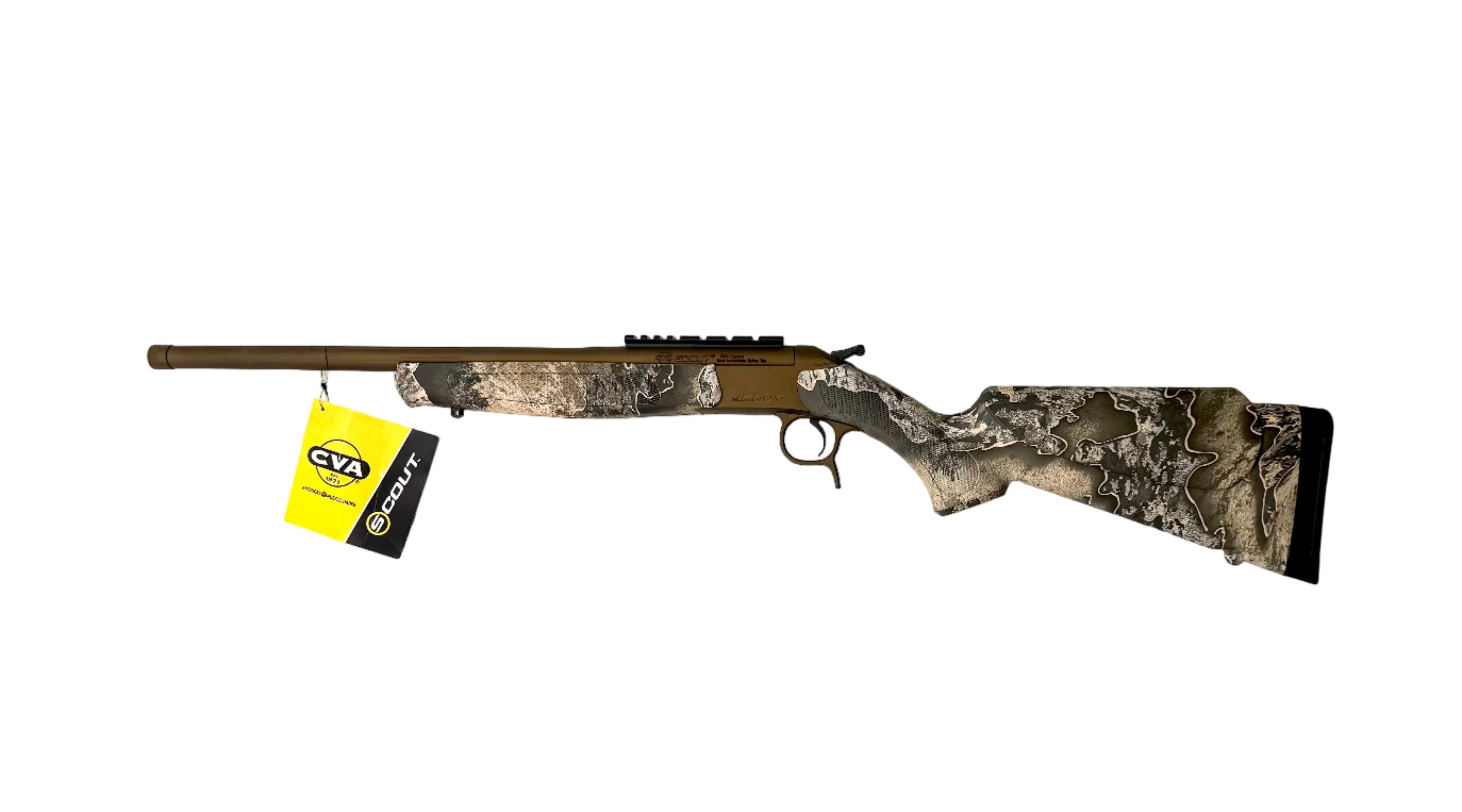 Camouflage rifle with a visible brand tag on a white background