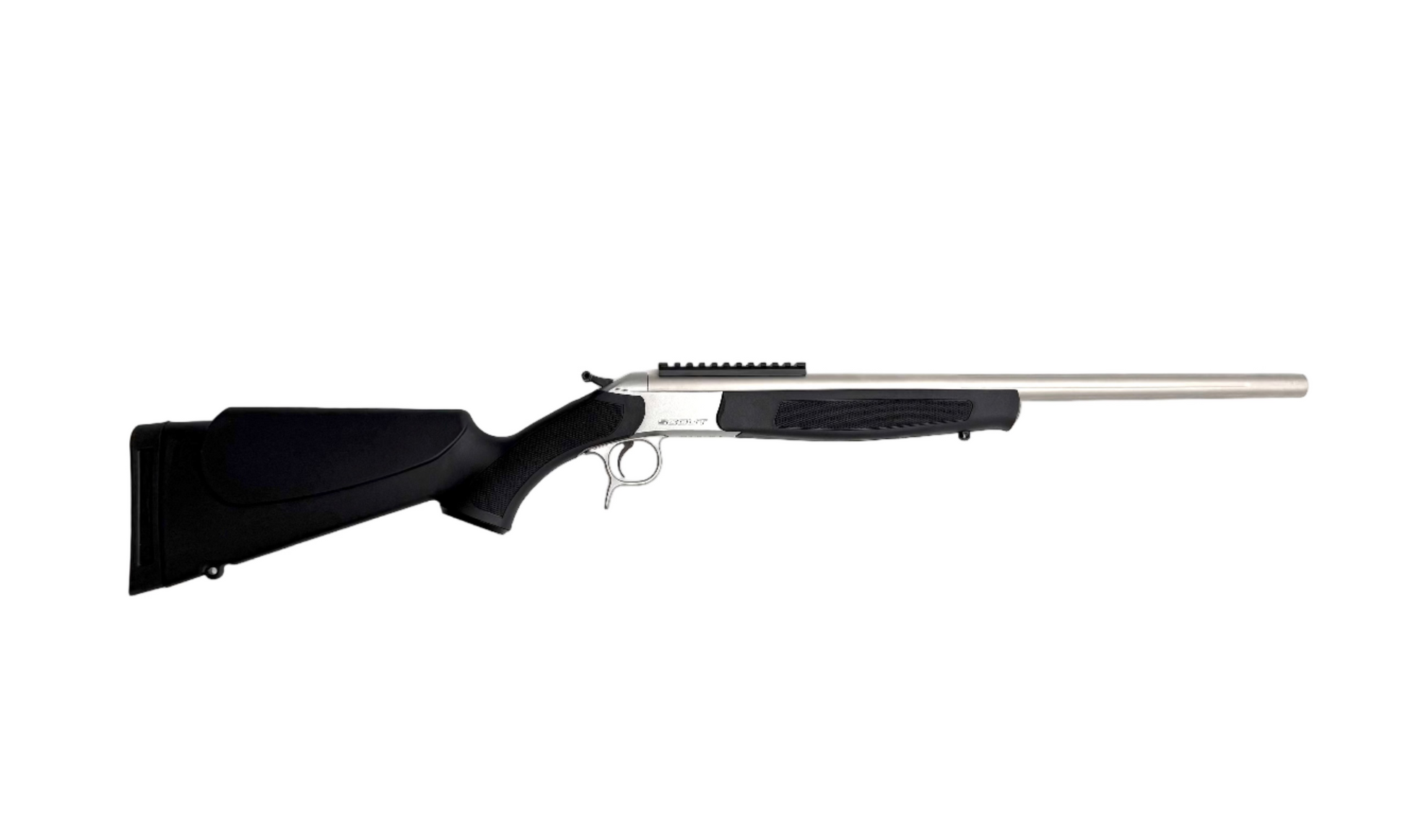 Black rifle mounted on a white wall
