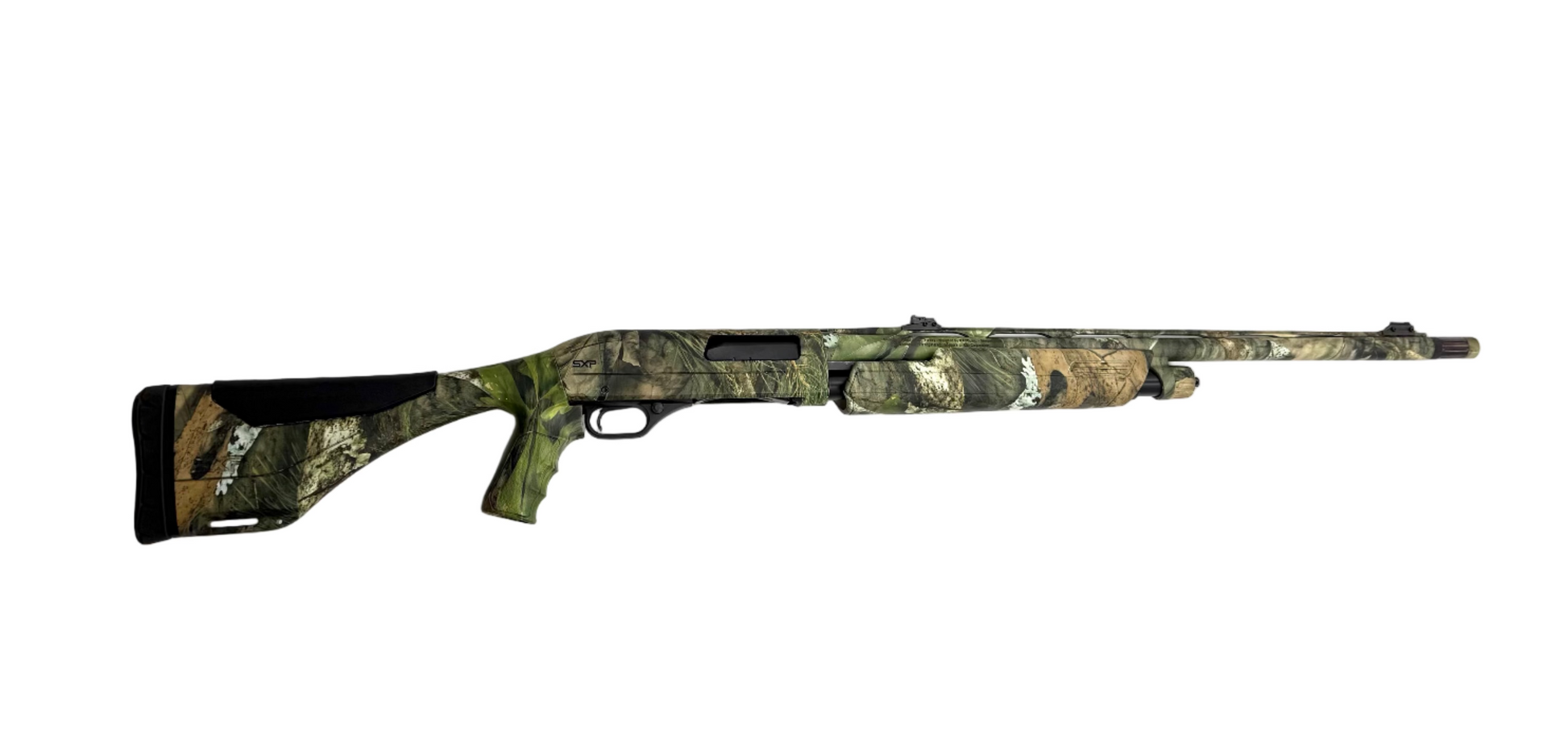 Winchester SXP 12 Gauge pump action shotgun with black synthetic stock and metal barrel, shown from a side angle.