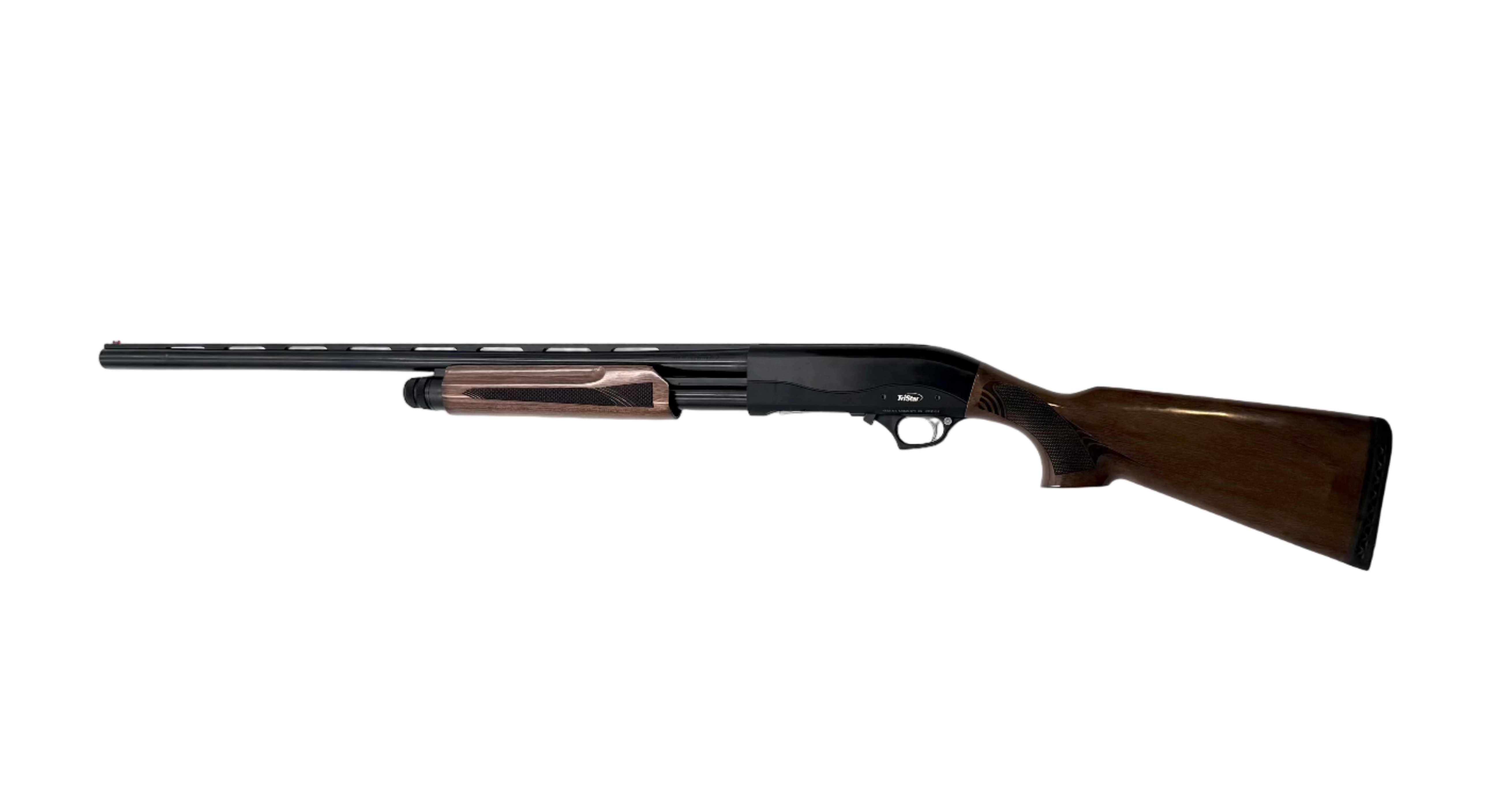 Shotgun on a white surface with a wooden stock
